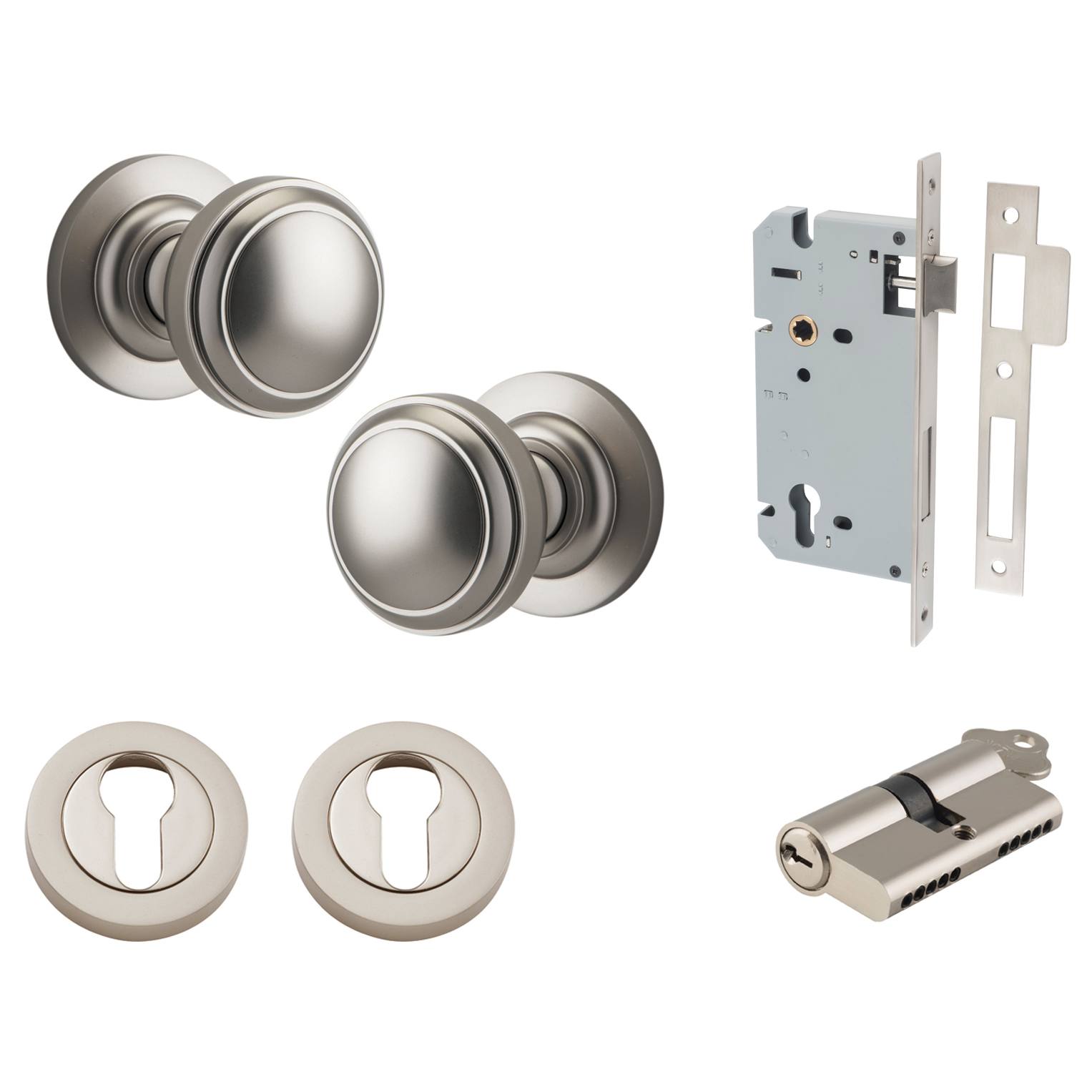 Paddington Knob Round Rose Entrance Kit w Separate High Security Lock Satin Nickel