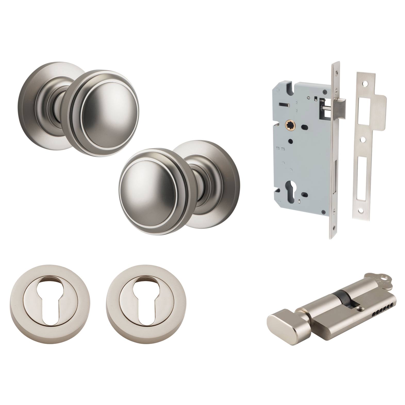 Paddington Knob Round Rose Entrance Kit with Separate High Security Lock Satin Nickel