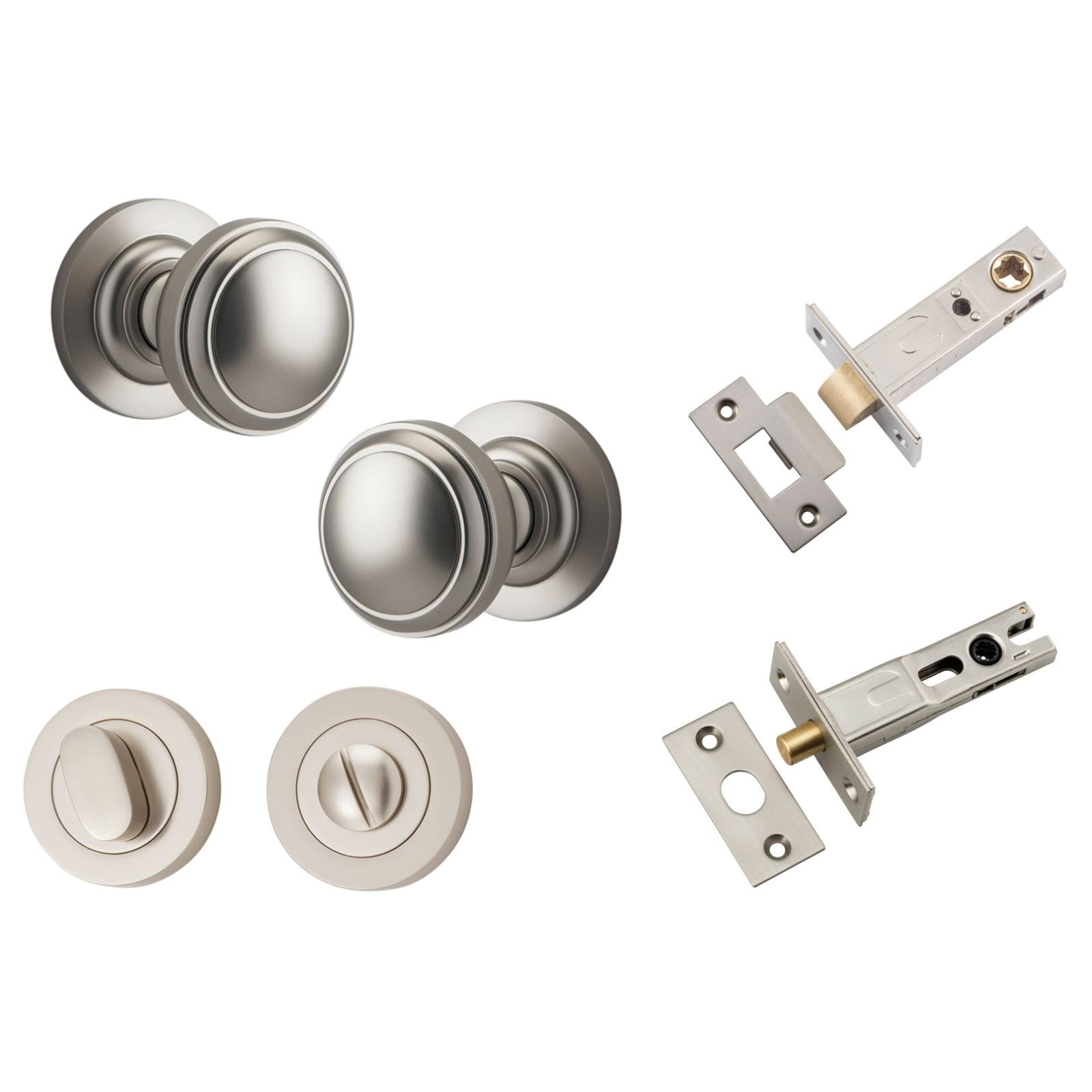 Paddington Knob Round Rose Privacy Kit w Separate Privacy Turn Satin Nickel