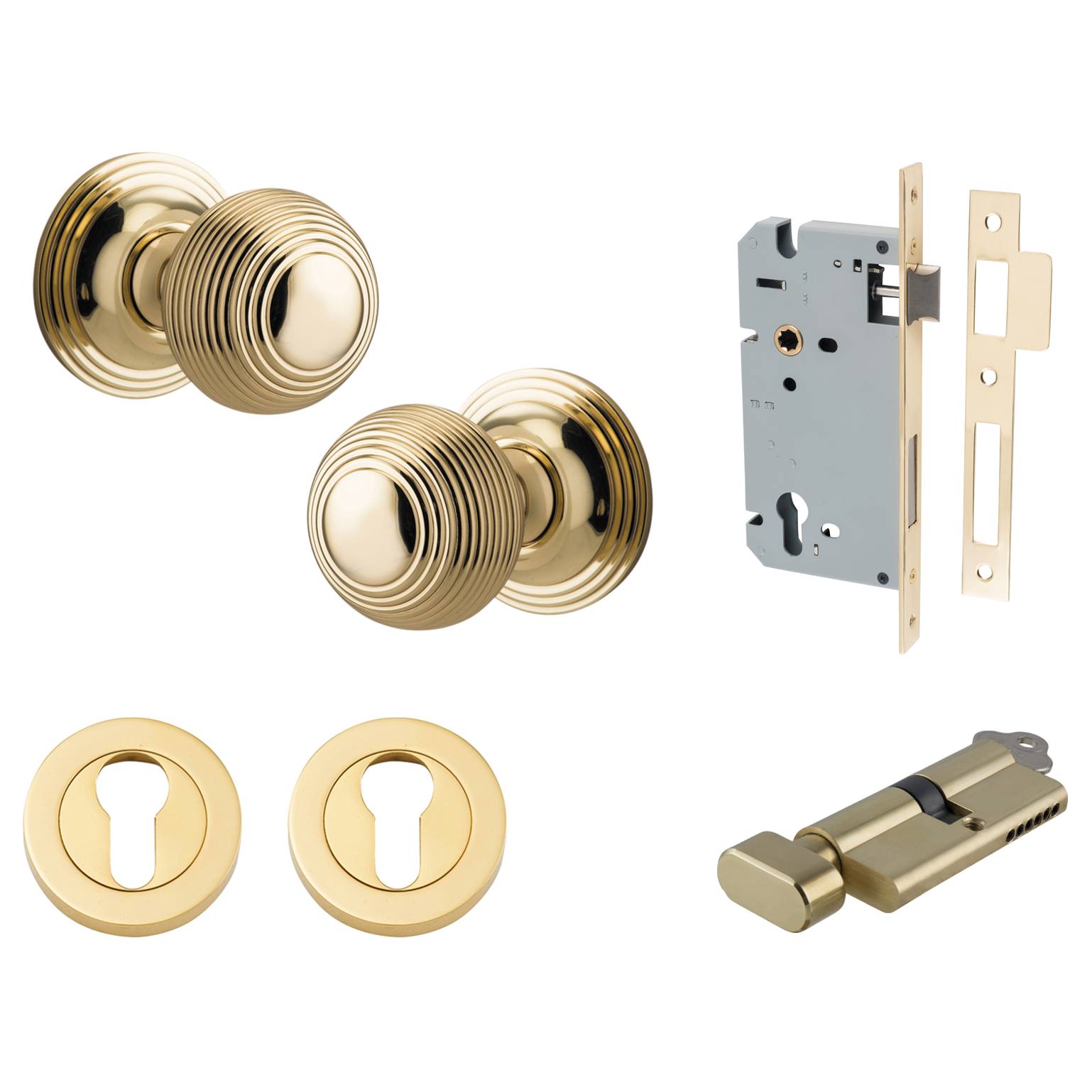 Guildford Knob Round Rose Entrance Kit w Separate High Security Lock Polished Brass