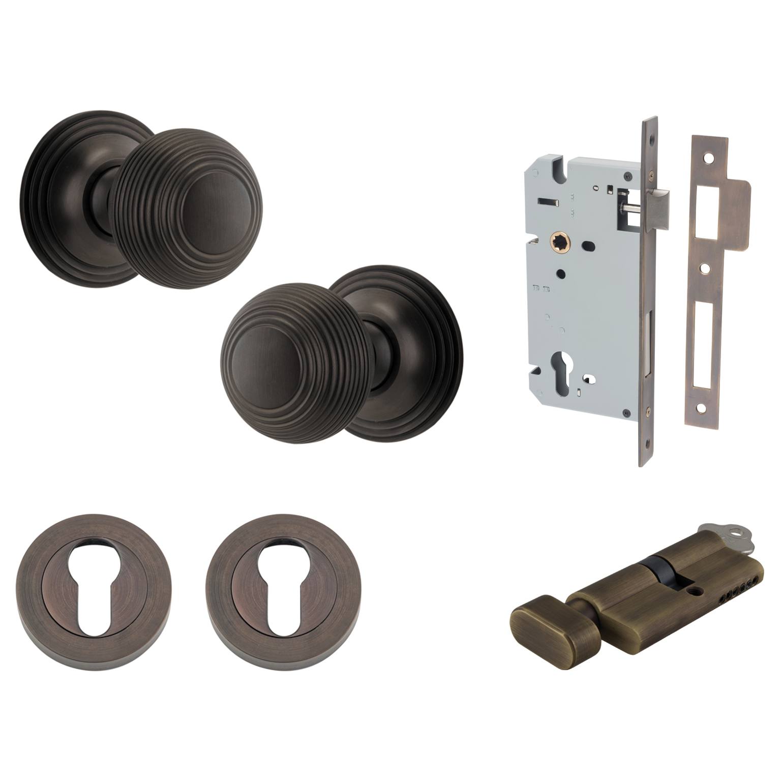 Guildford Knob Round Rose Entrance Kit w Separate High Security Lock Signature Brass