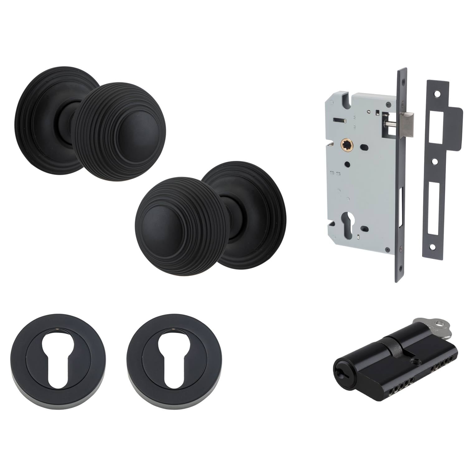 Guildford Knob Round Rose Entrance Kit w Separate High Security Lock Matt Black