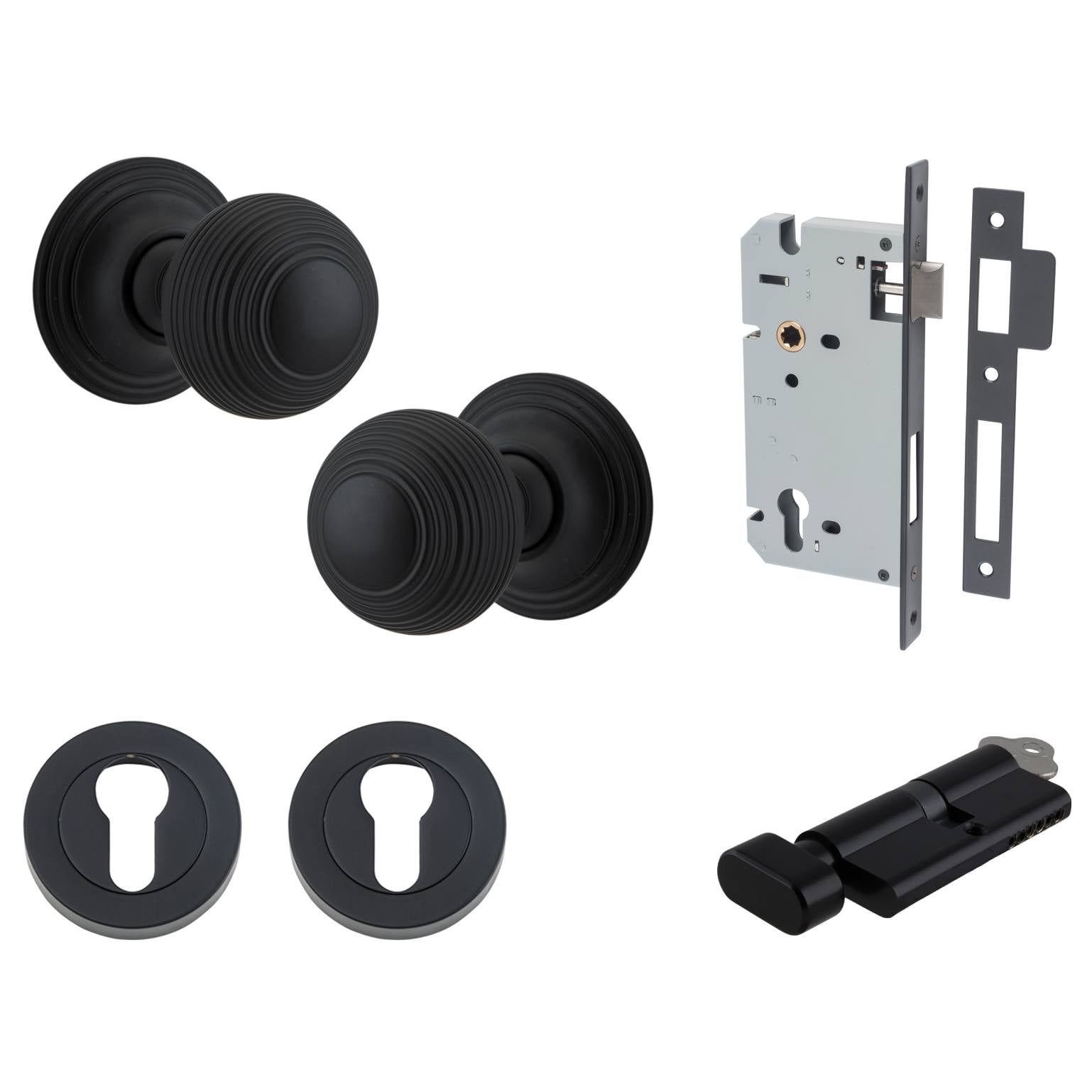 Guildford Knob Round Rose Entrance Kit w Separate High Security Lock Matt Black
