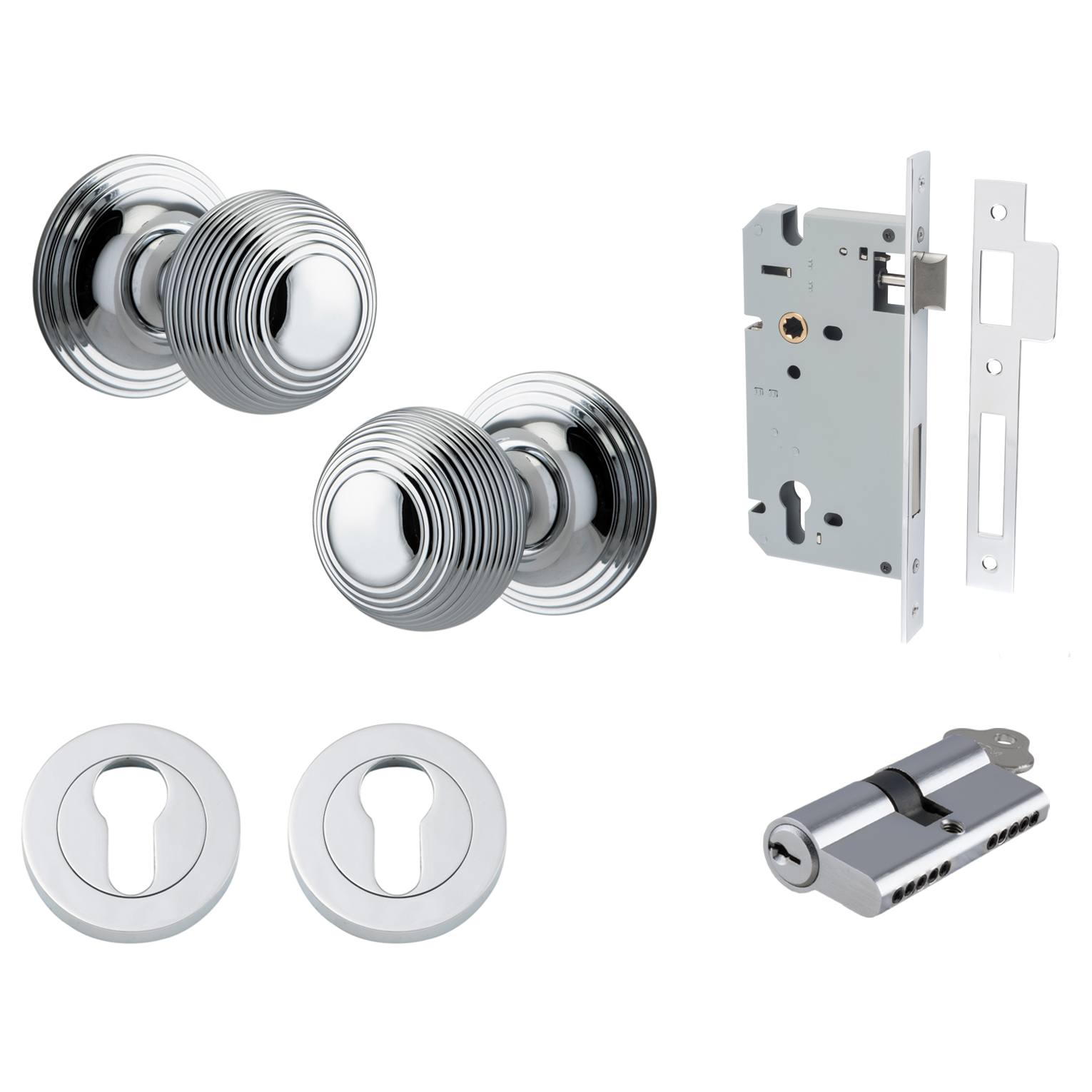 Guildford Knob Round Rose Entrance Kit w Separate High Security Lock Polished Chrome