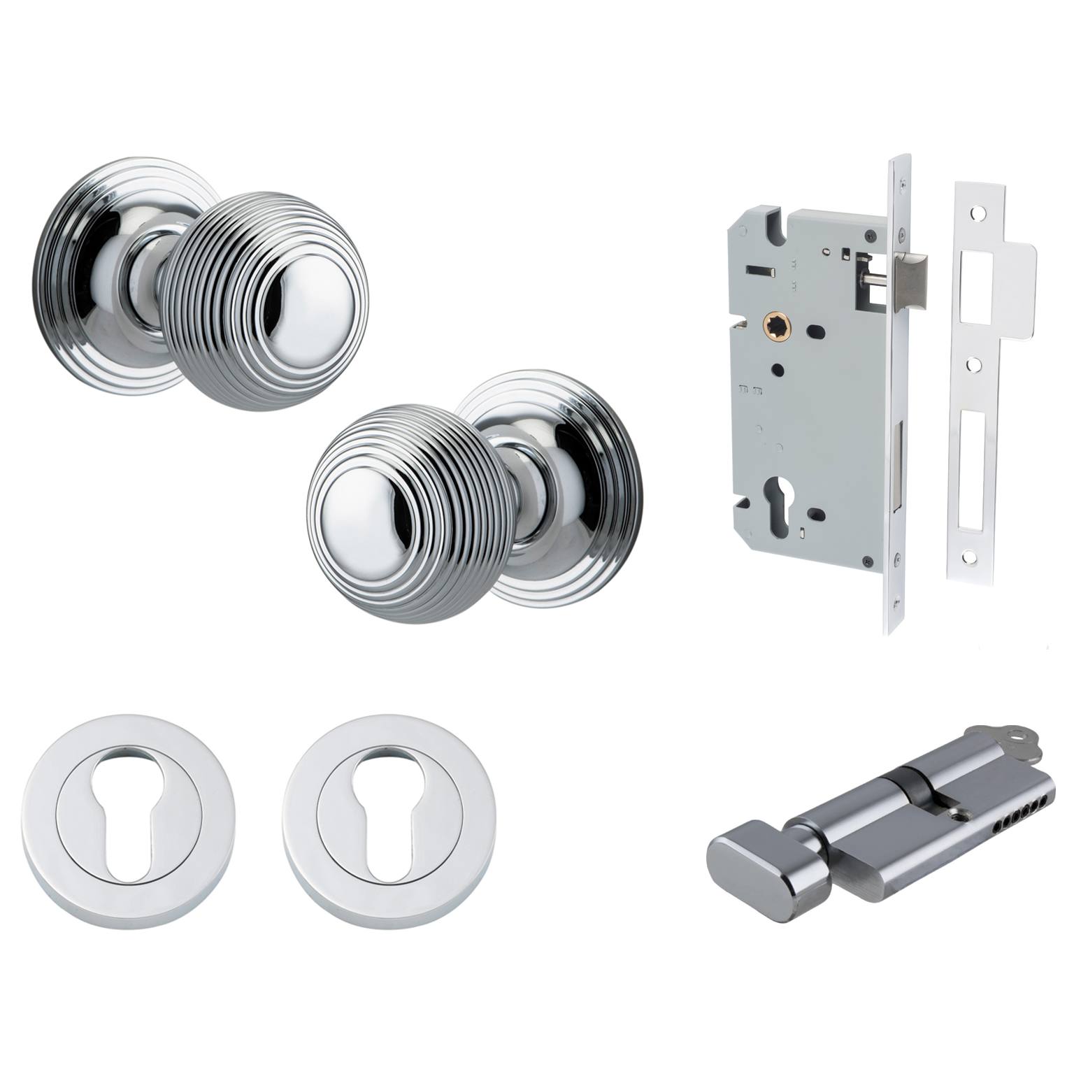 Guildford Knob Round Rose Entrance Kit w Separate High Security Lock Polished Chrome