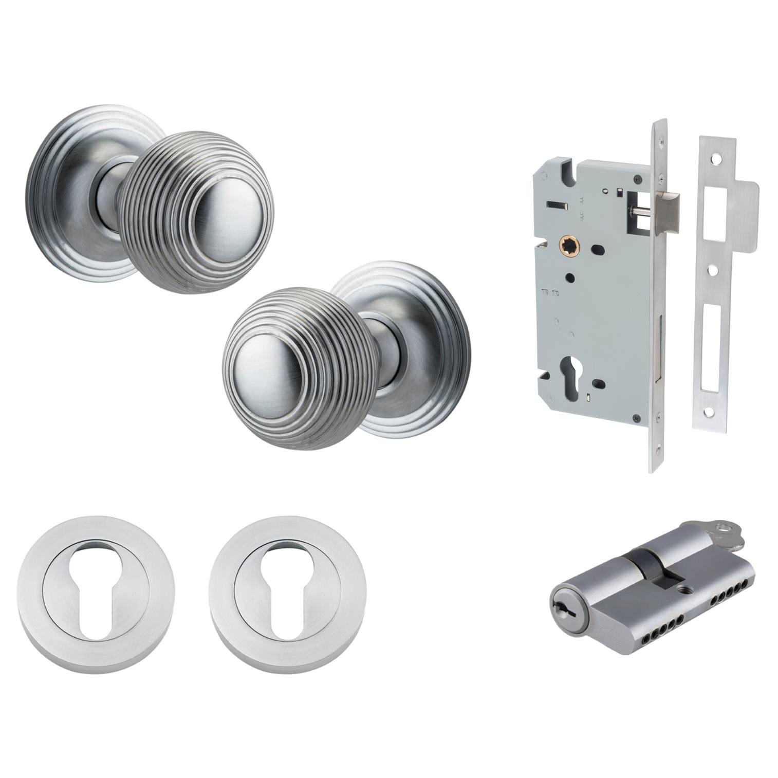 Guildford Knob Round Rose Entrance Kit w Separate High Security Lock Brushed Chrome