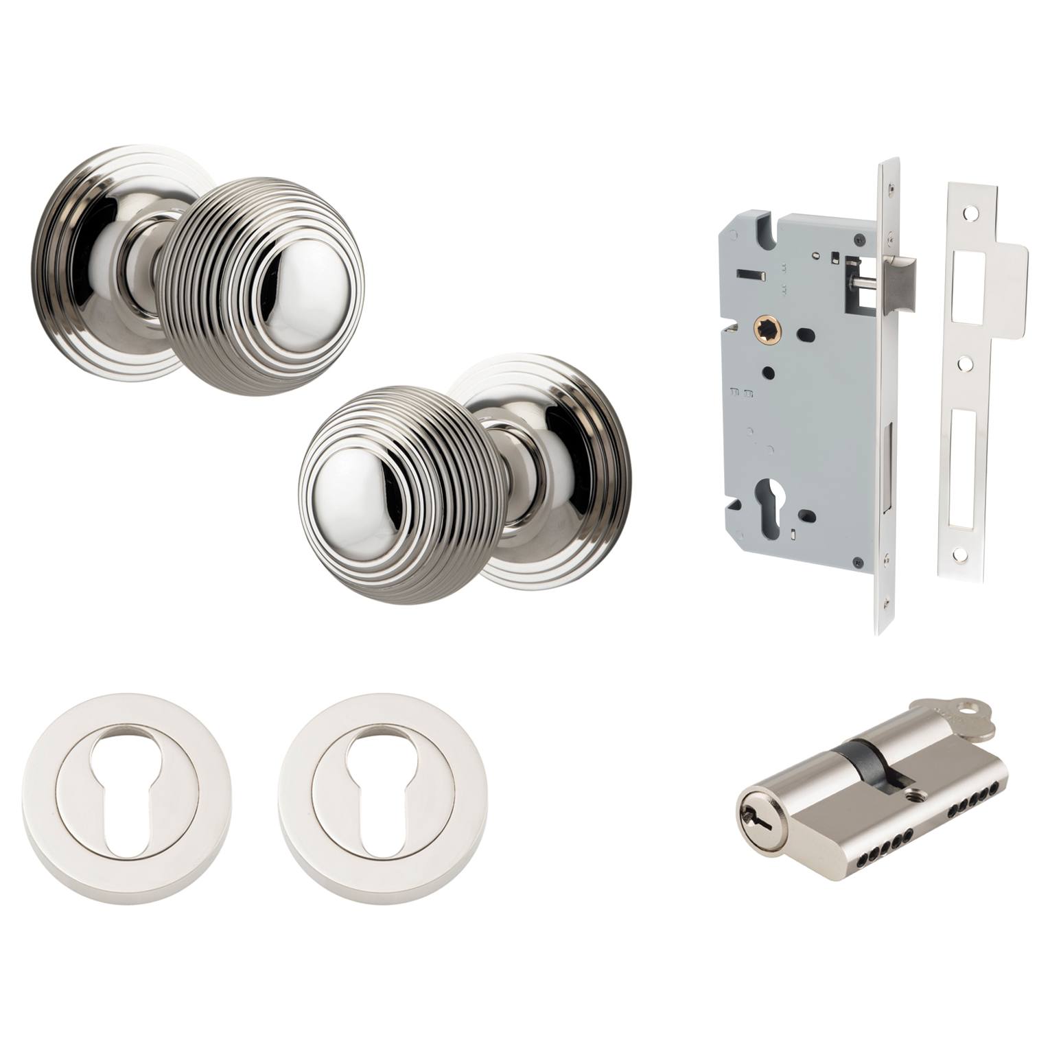 Guildford Knob Round Rose Entrance Kit w Separate High Security Lock Polished Nickel