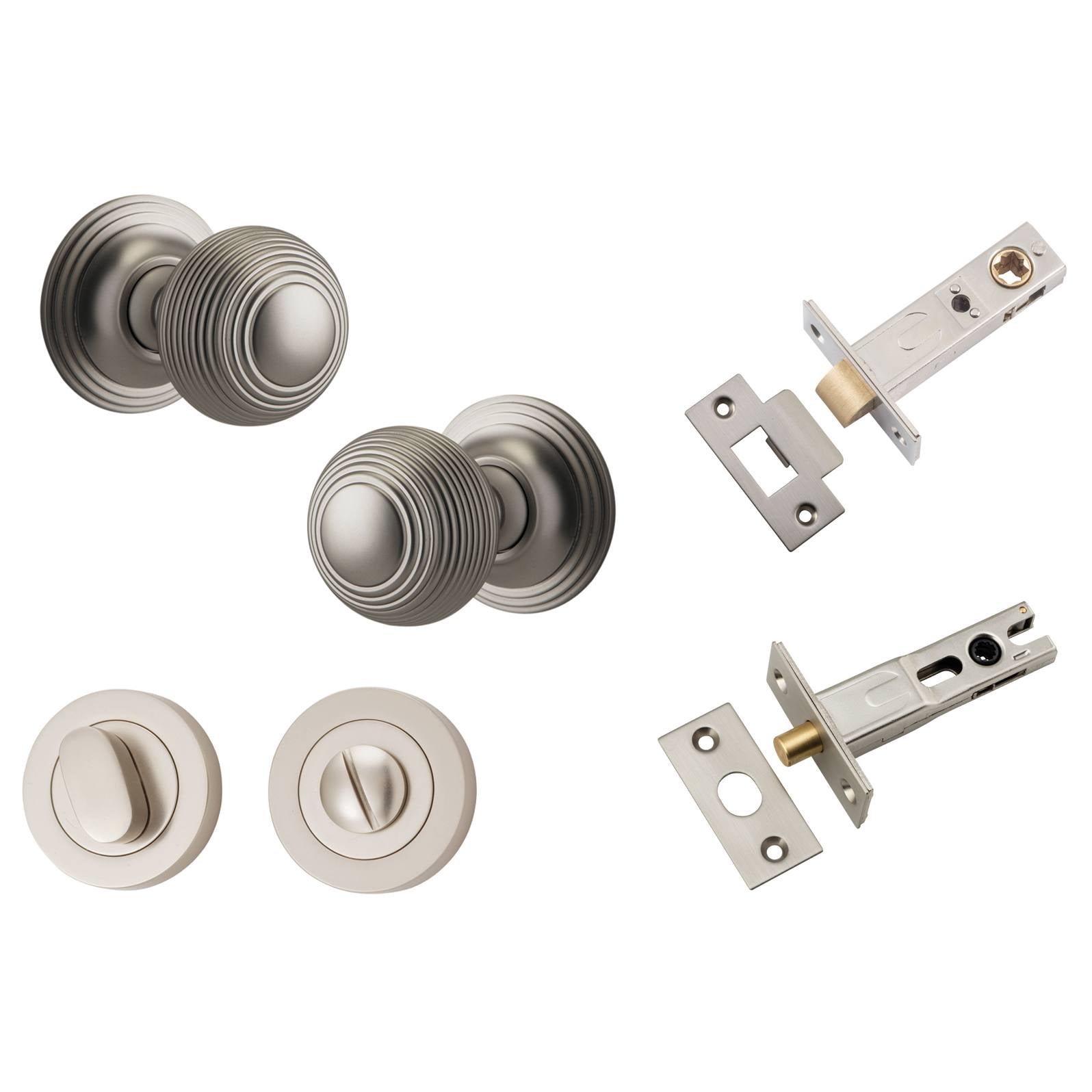 Guildford Knob Round Rose Privacy Kit w Separate Privacy Turn Satin Nickel
