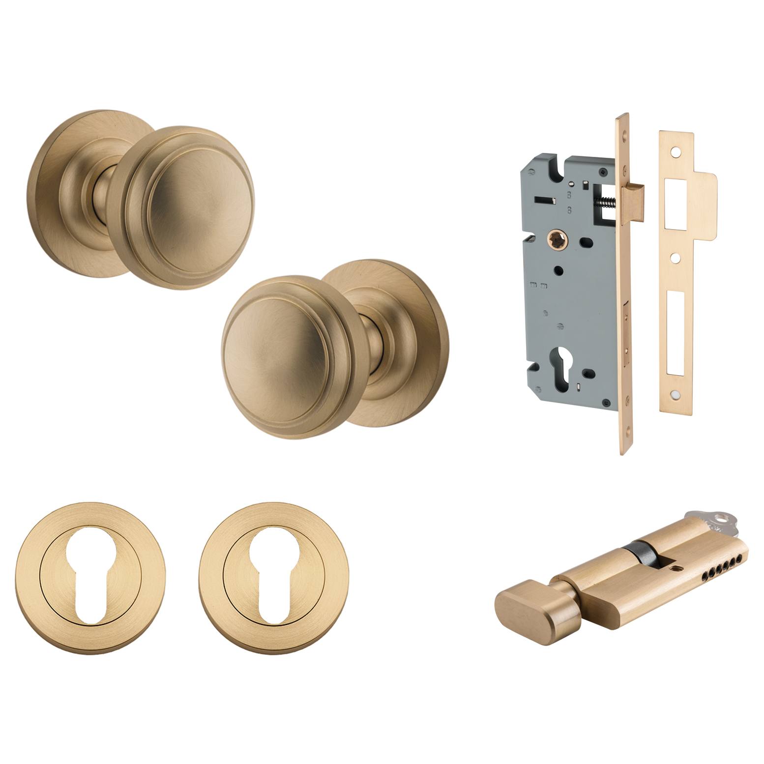 Paddington Knob Round Rose Entrance Kit w Separate High Security Lock Brushed Brass