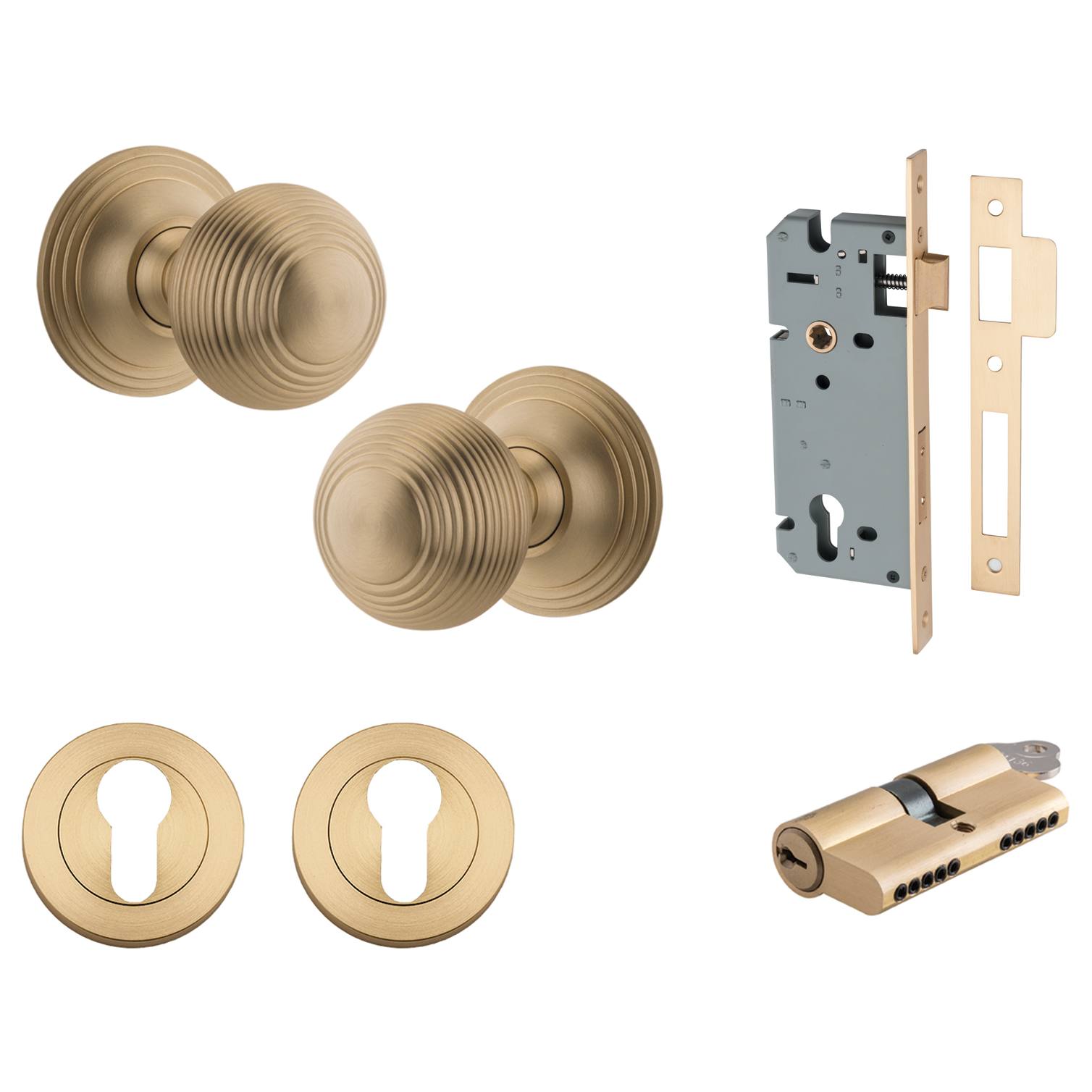 Guildford Knob Round Rose Entrance Kit w Separate High Security Lock Brushed Brass