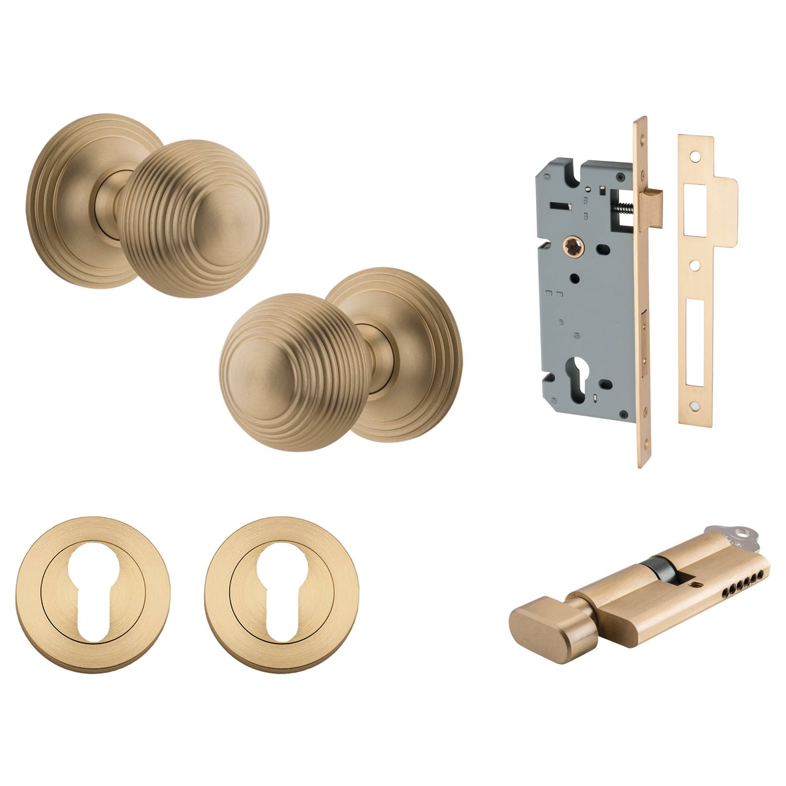 Guildford Knob Round Rose Entrance Kit w Separate High Security Lock Brushed Brass