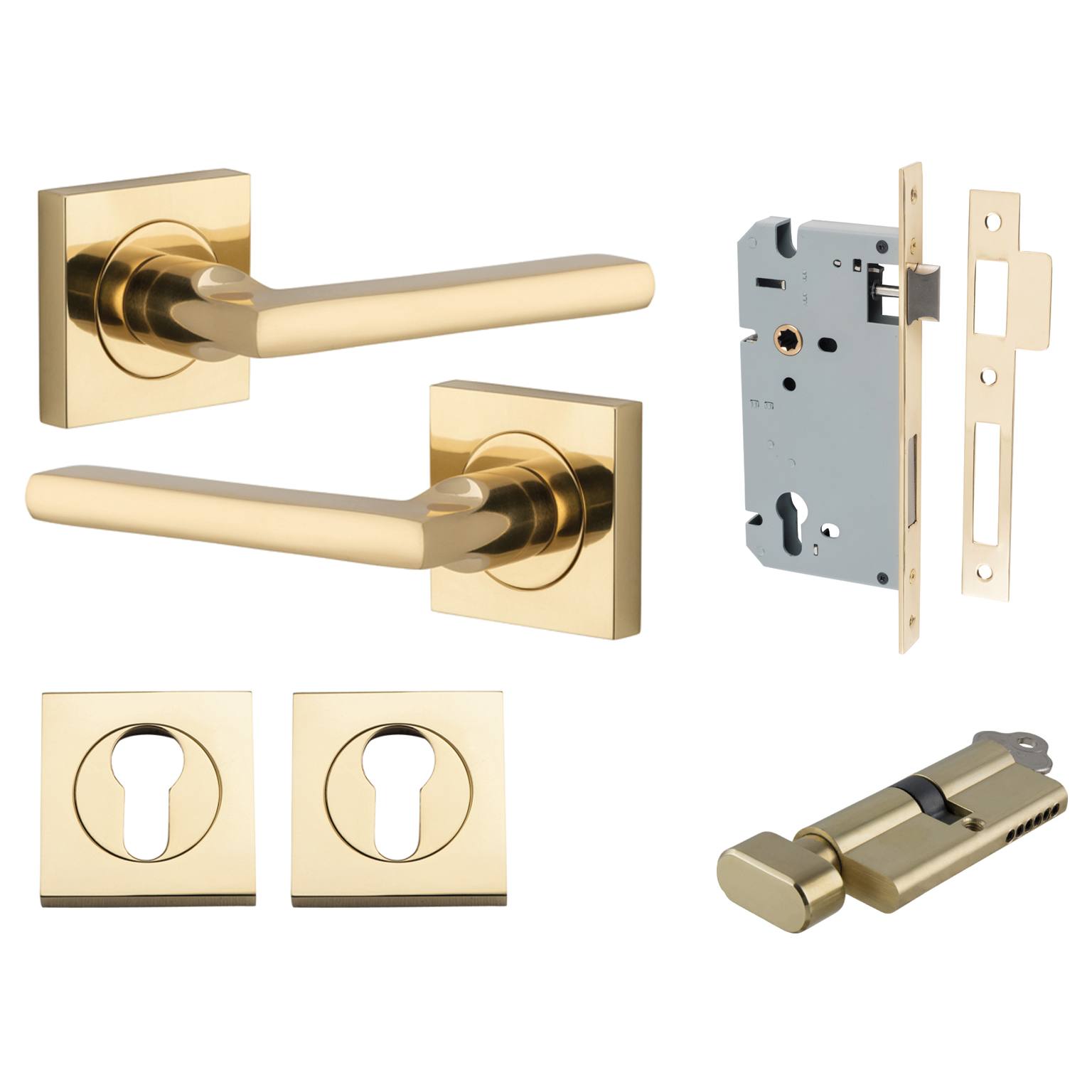 Baltimore Lever Square Rose Entrance Kit w Separate High Security Lock Polished Brass