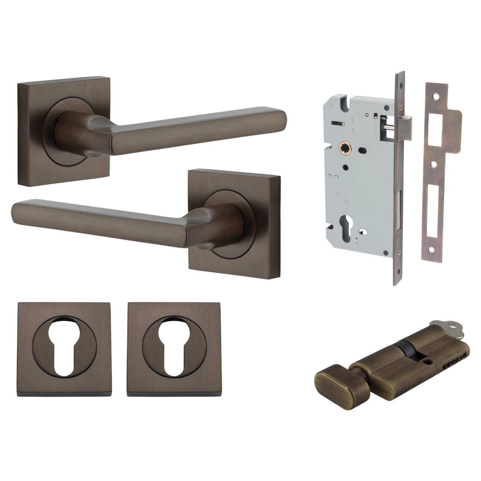 Baltimore Lever Square Rose Entrance Kit w Separate High Security Lock Signature Brass