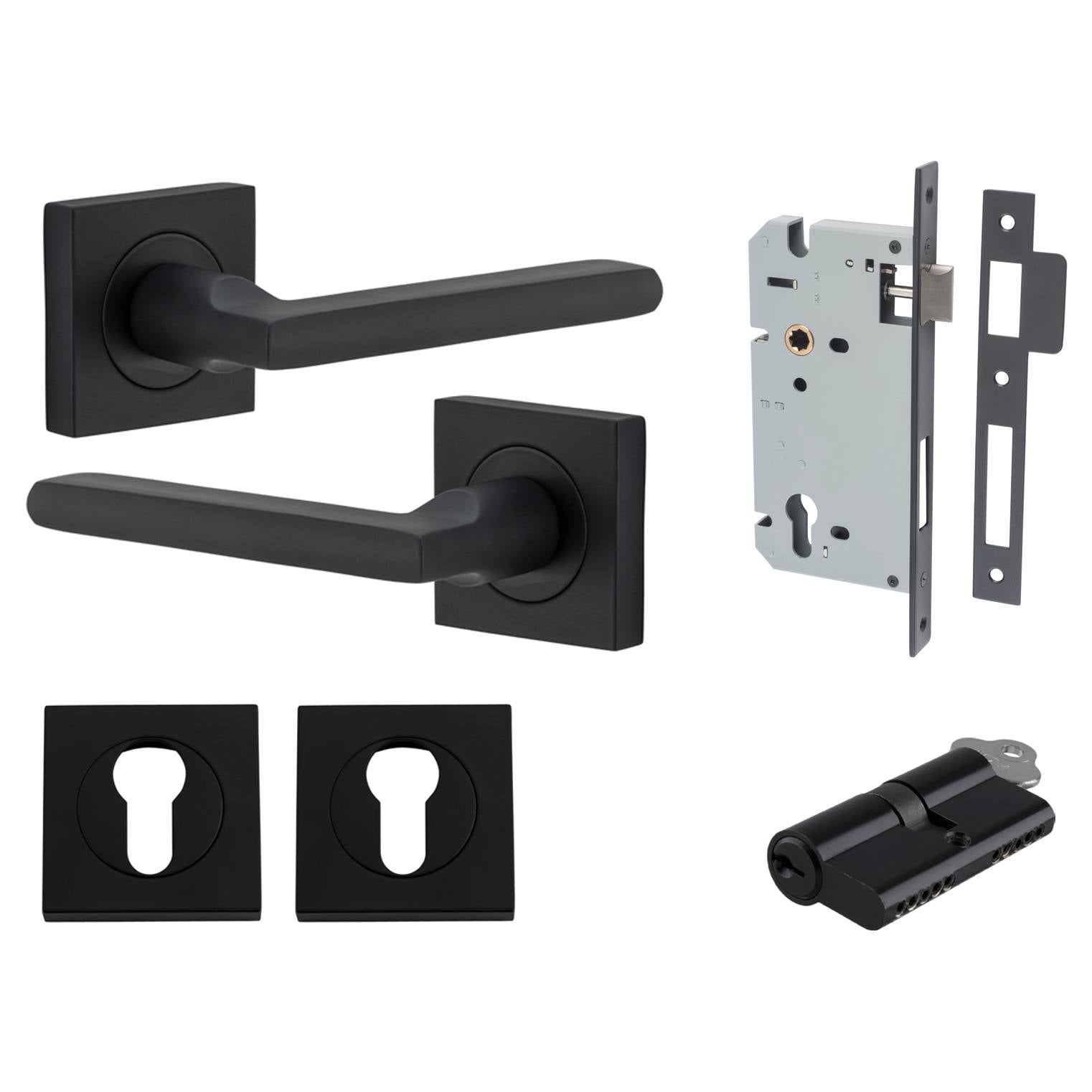 Baltimore Lever Square Rose Entrance Kit w Separate High Security Lock Matt Black