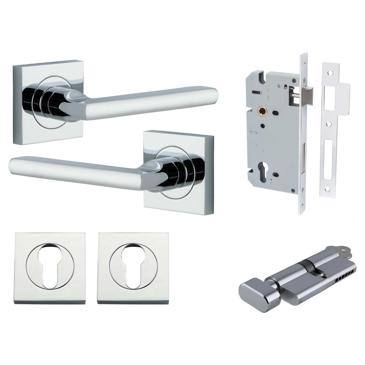 Baltimore Lever Square Rose Entrance Kit w Separate High Security Lock Polished Chrome