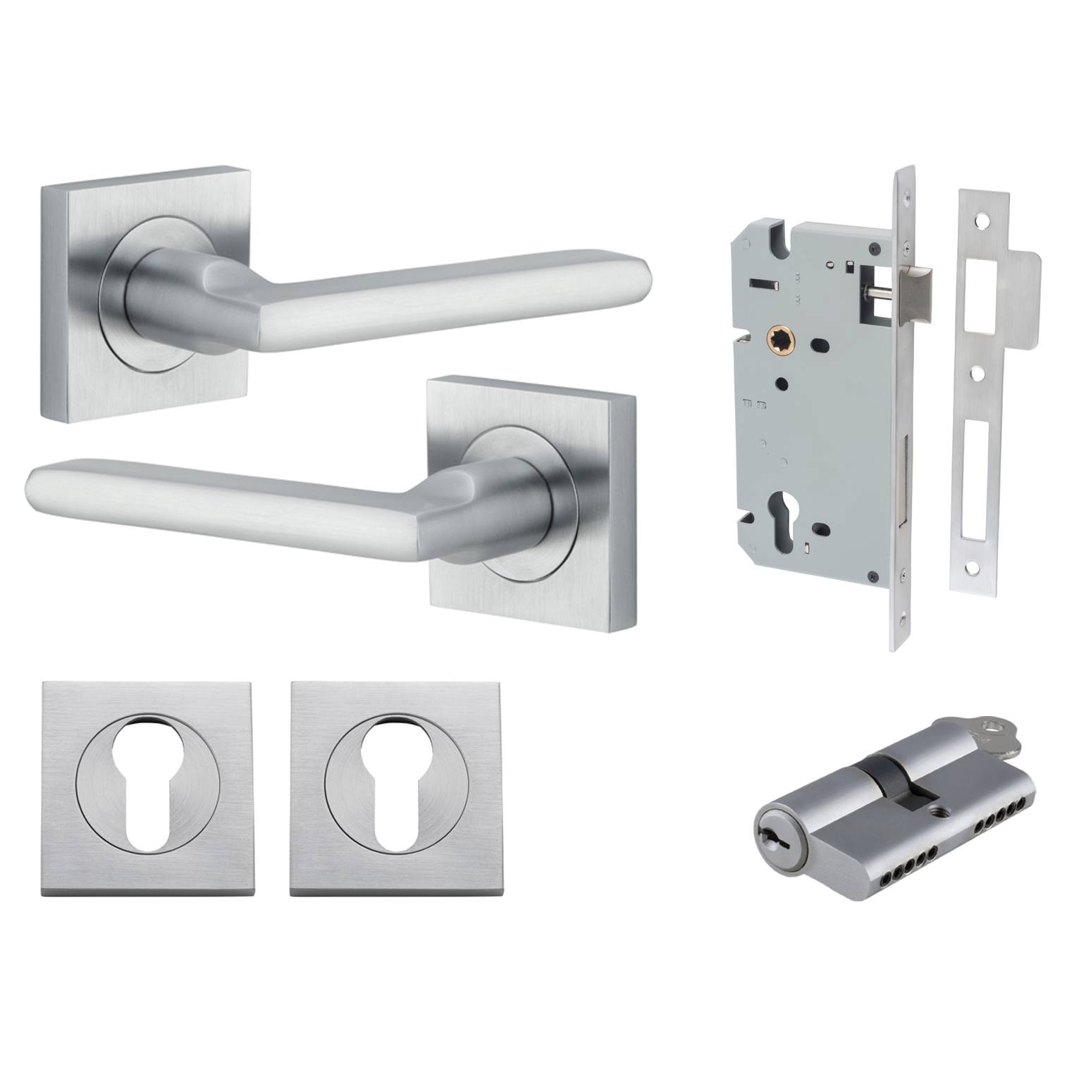 Baltimore Lever Square Rose Entrance Kit w Separate High Security Lock Brushed Chrome