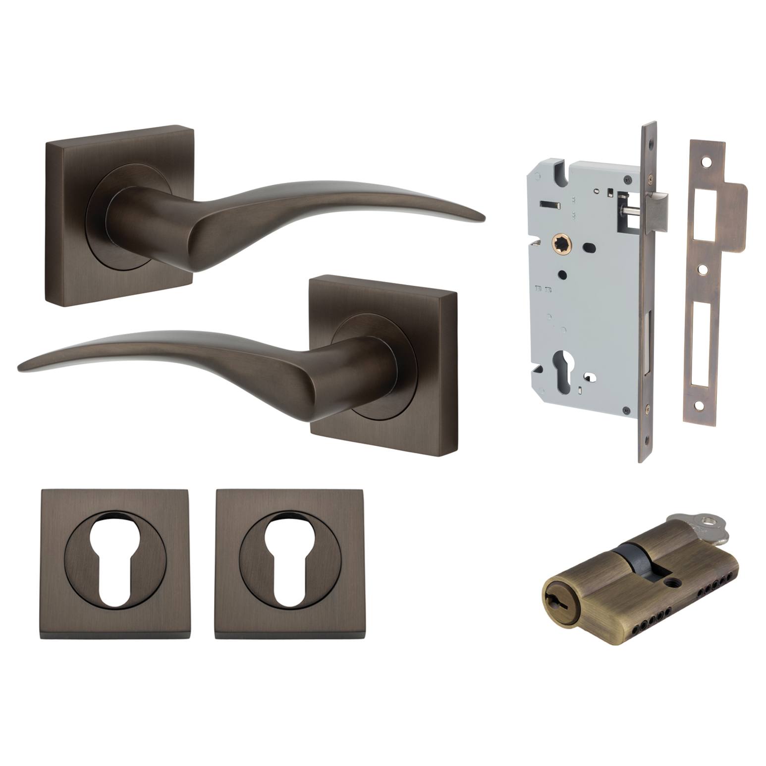 Oxford Lever Square Rose Entrance Kit w Separate High Security Lock Signature Brass