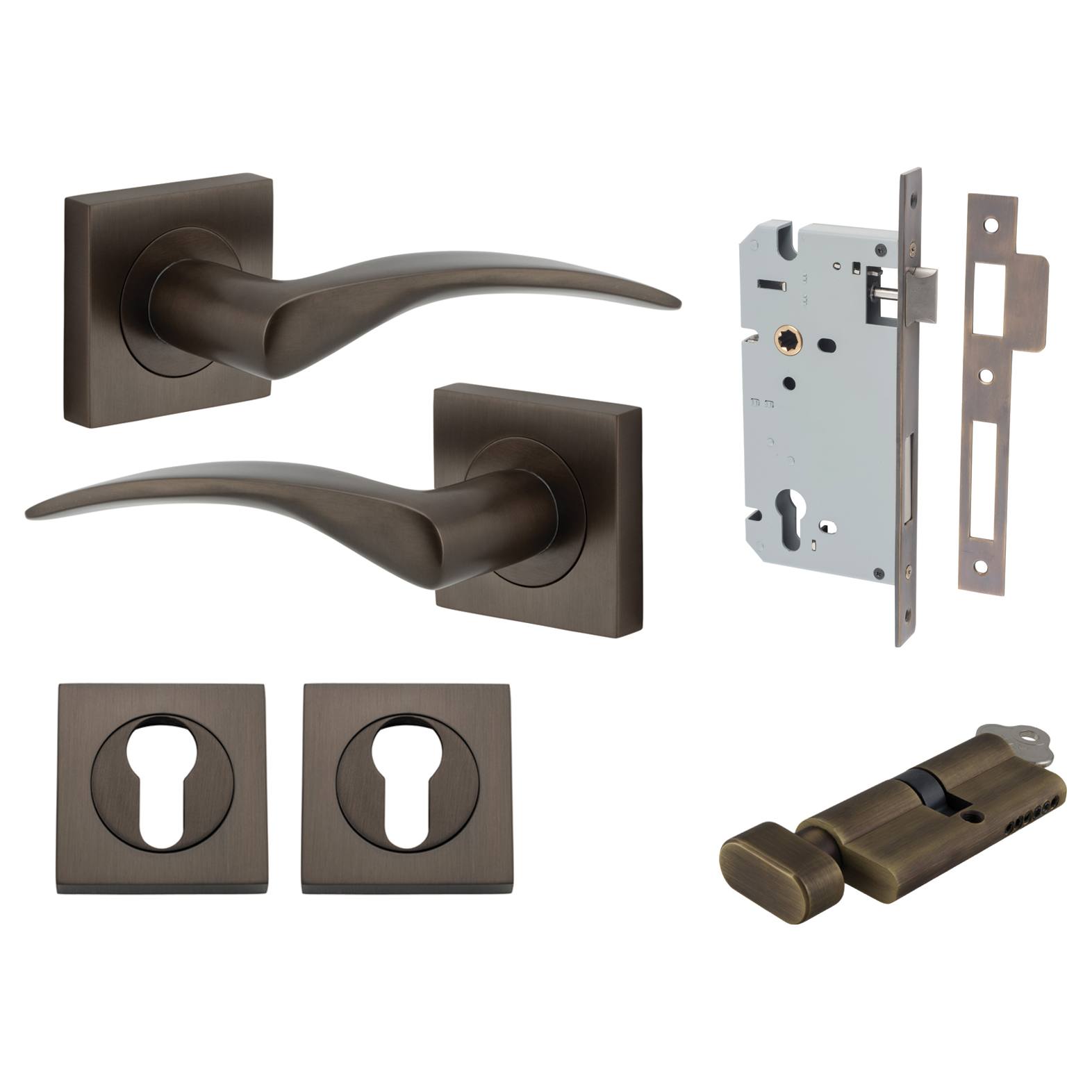 Oxford Lever Square Rose Entrance Kit w Separate High Security Lock Signature Brass