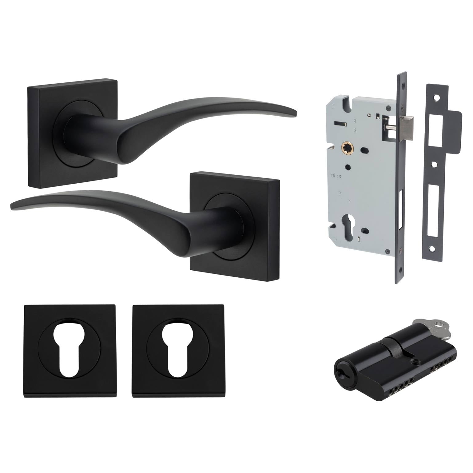 Oxford Lever Square Rose Entrance Kit w Separate High Security Lock Matt Black