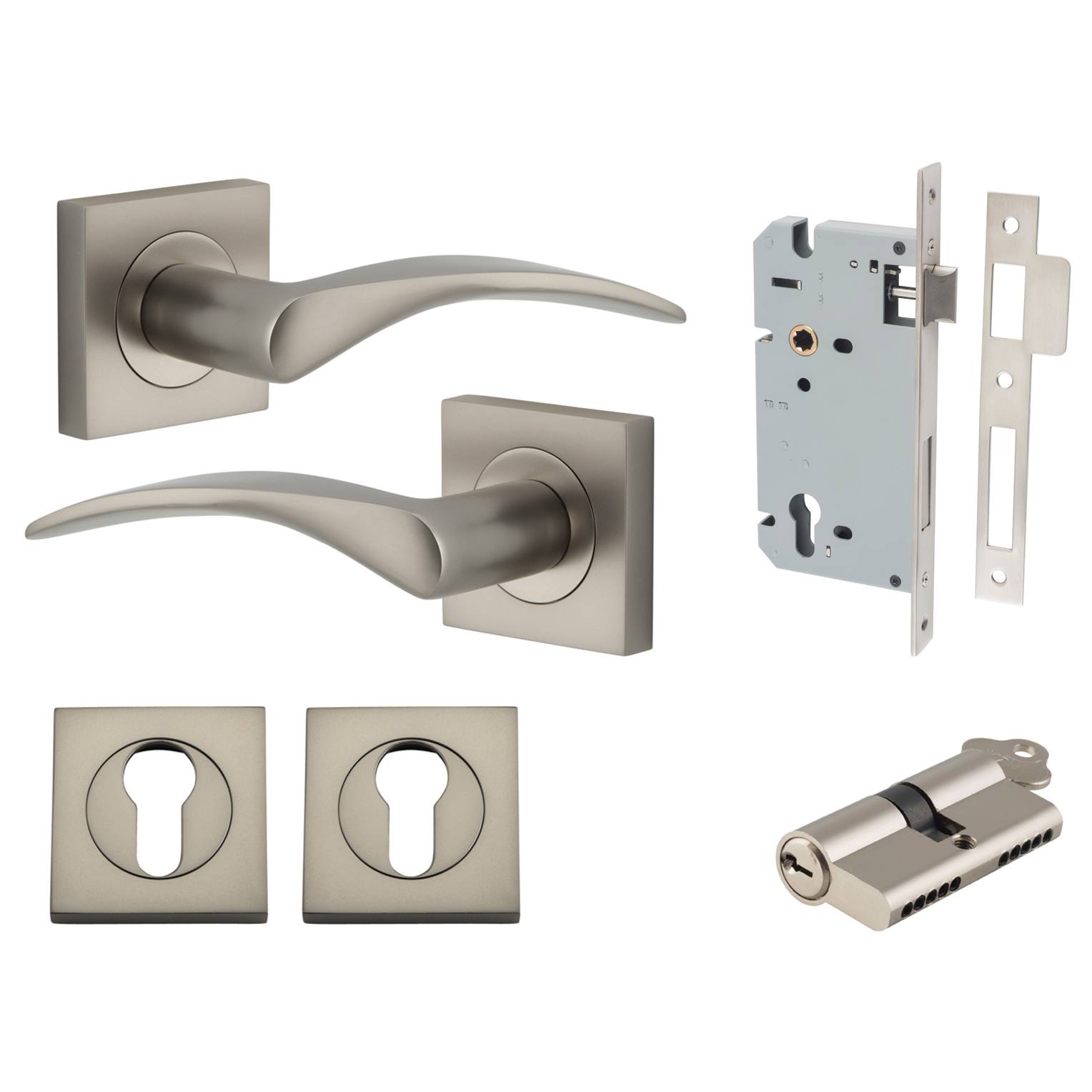 Oxford Lever Square Rose Entrance Kit w Separate High Security Lock Satin Nickel