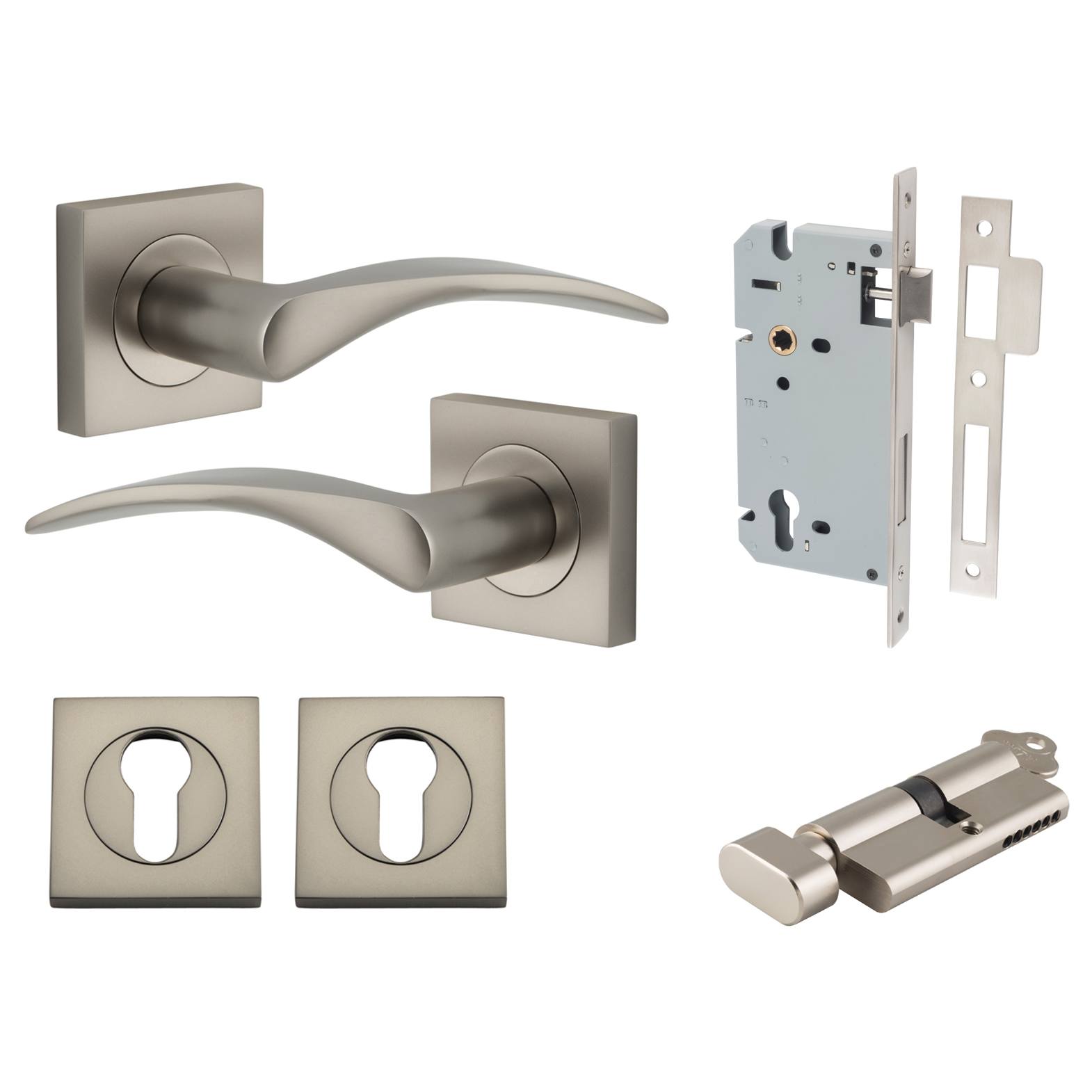 Oxford Lever Square Rose Entrance Kit w Separate High Security Lock Satin Nickel