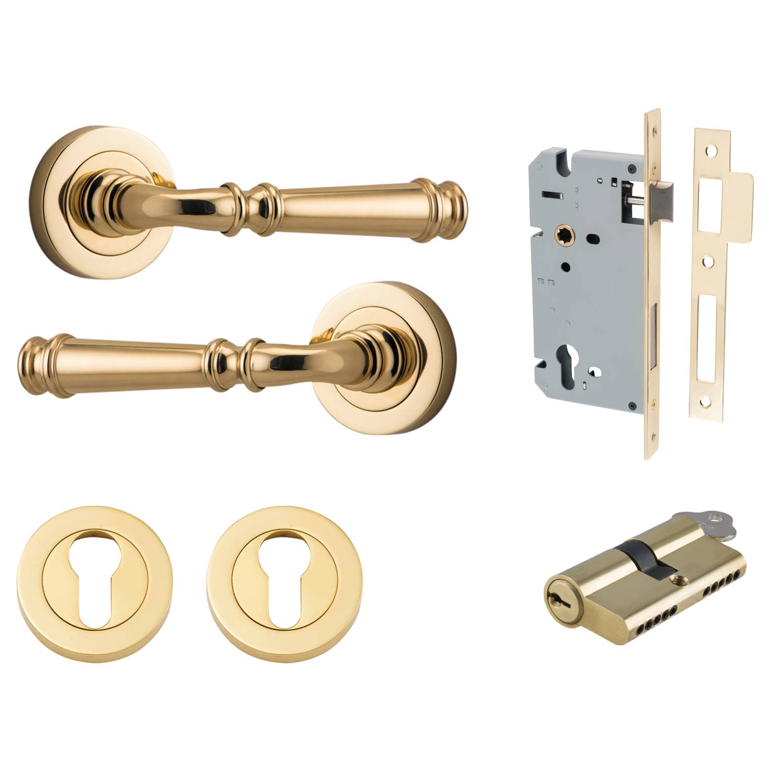 Verona Lever Round Rose Entrance Kit w Separate High Security Lock Polished Brass