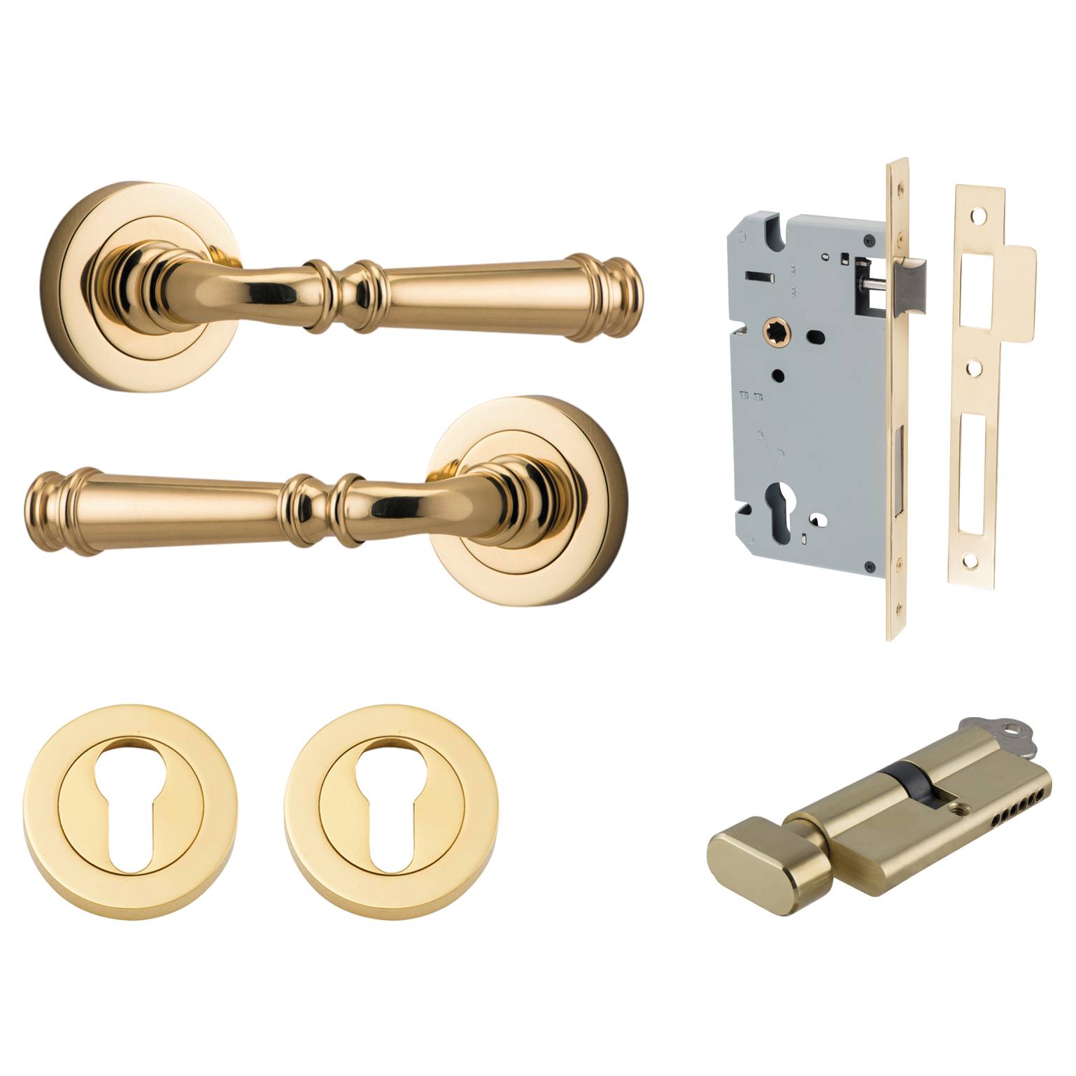 Verona Lever Round Rose Entrance Kit w Separate High Security Lock Polished Brass