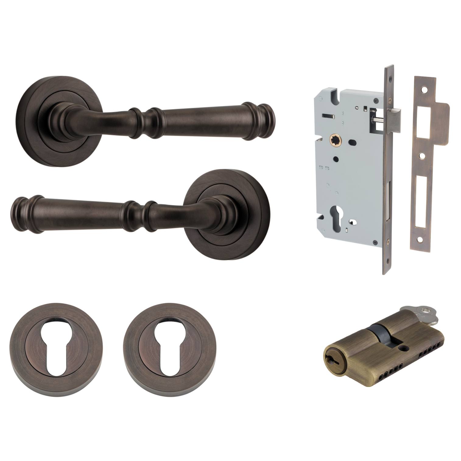 Verona Lever Round Rose Entrance Kit w Separate High Security Lock Signature Brass