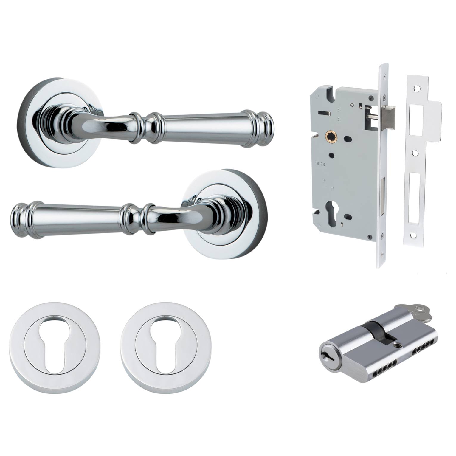 Verona Lever Round Rose Entrance Kit w Separate High Security Lock Polished Chrome