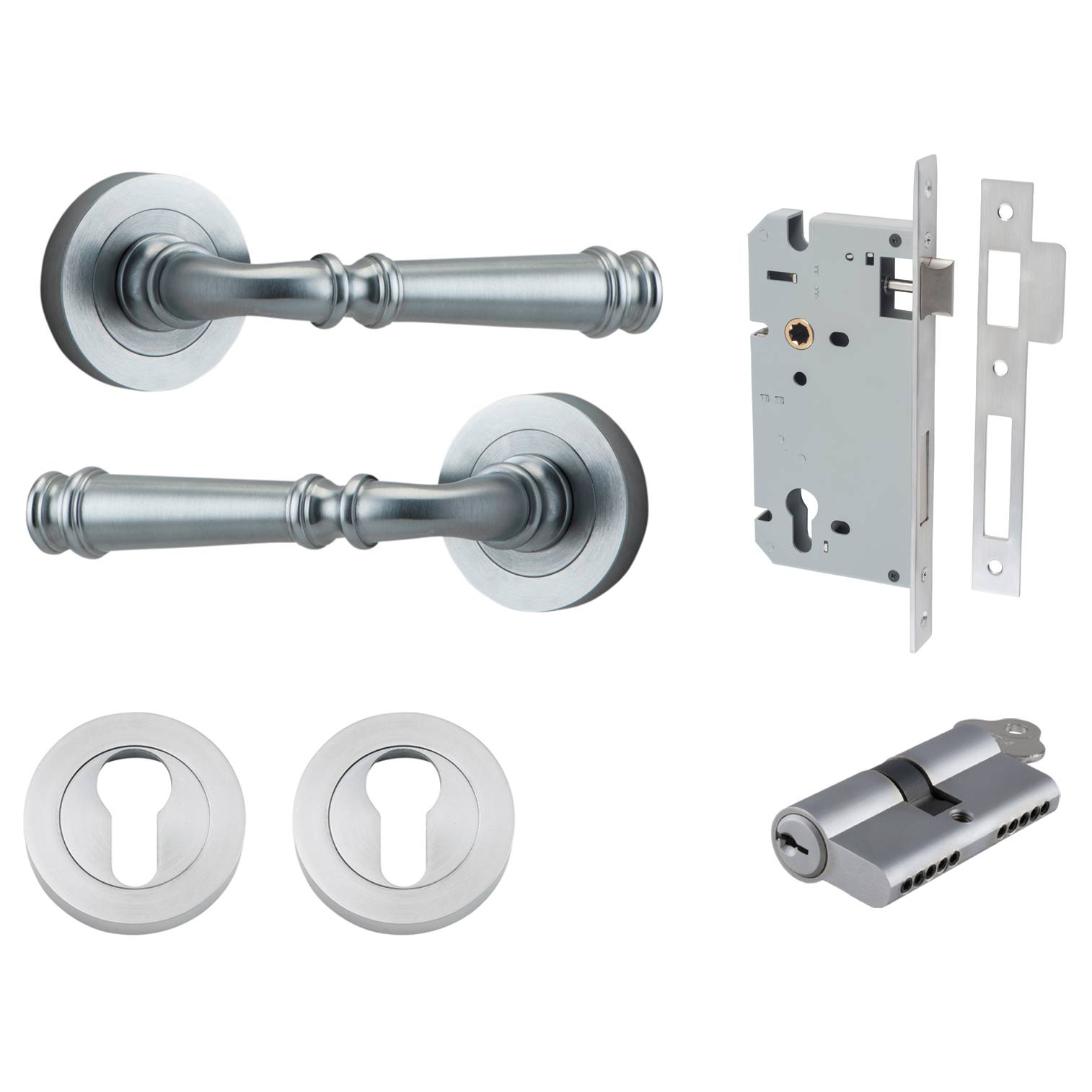 Verona Lever Round Rose Entrance Kit w Separate High Security Lock Brushed Chrome