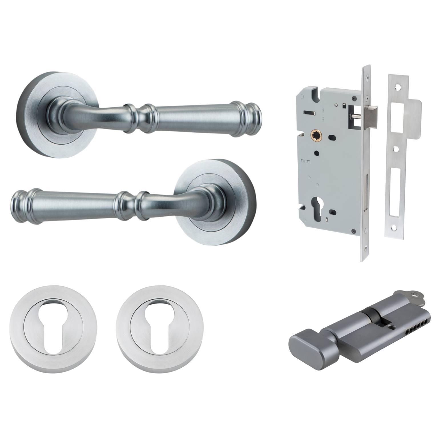 Verona Lever Round Rose Entrance Kit w Separate High Security Lock Brushed Chrome