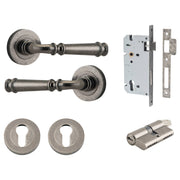 Verona Lever Round Rose Entrance Kit w Separate High Security Lock Distressed Nickel