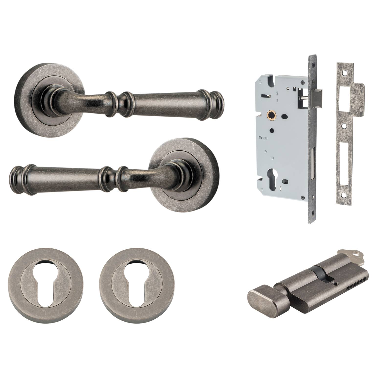 Verona Lever Round Rose Entrance Kit with Separate High Security Lock Distressed Nickel