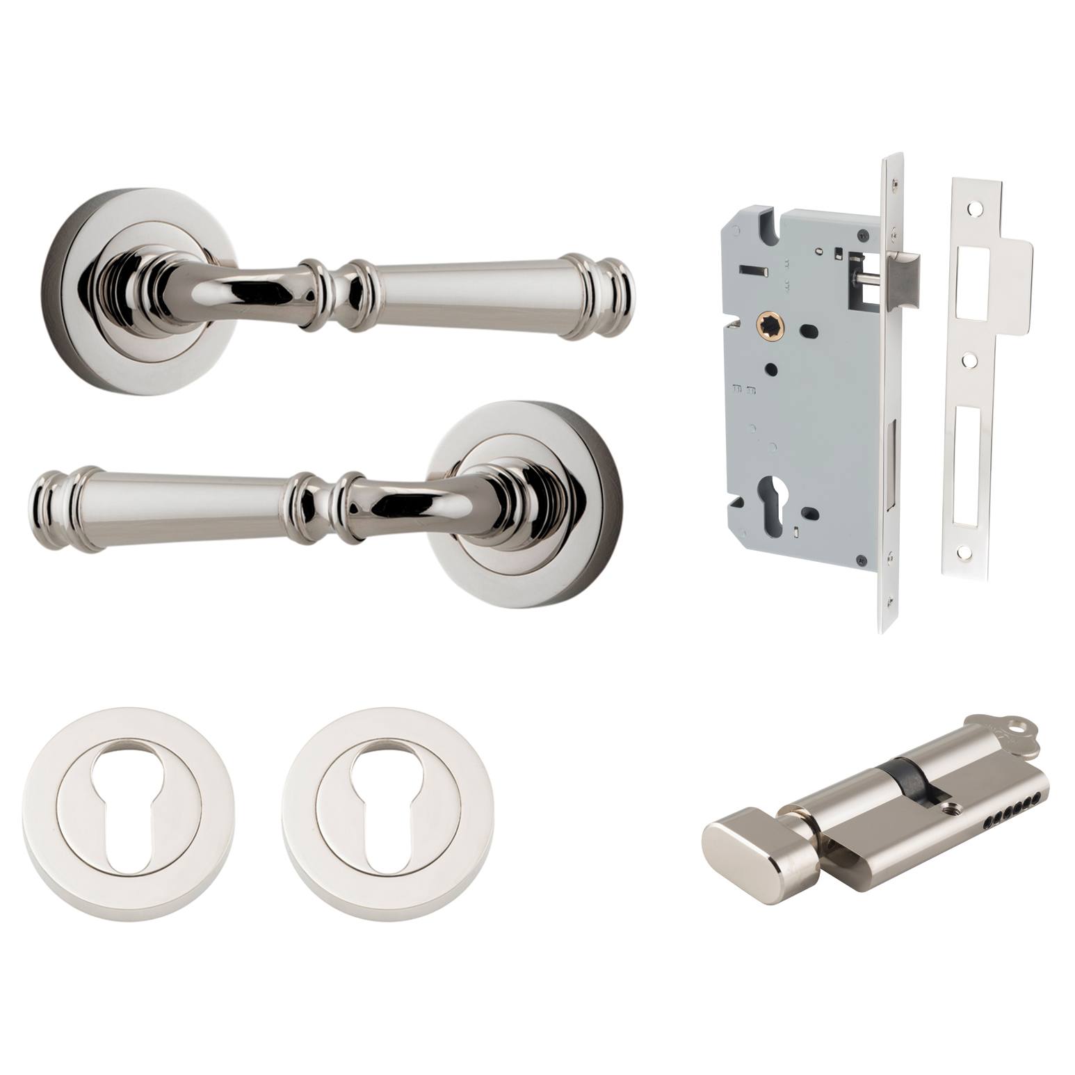 Verona Lever Round Rose Entrance Kit w Separate High Security Lock Polished Nickel