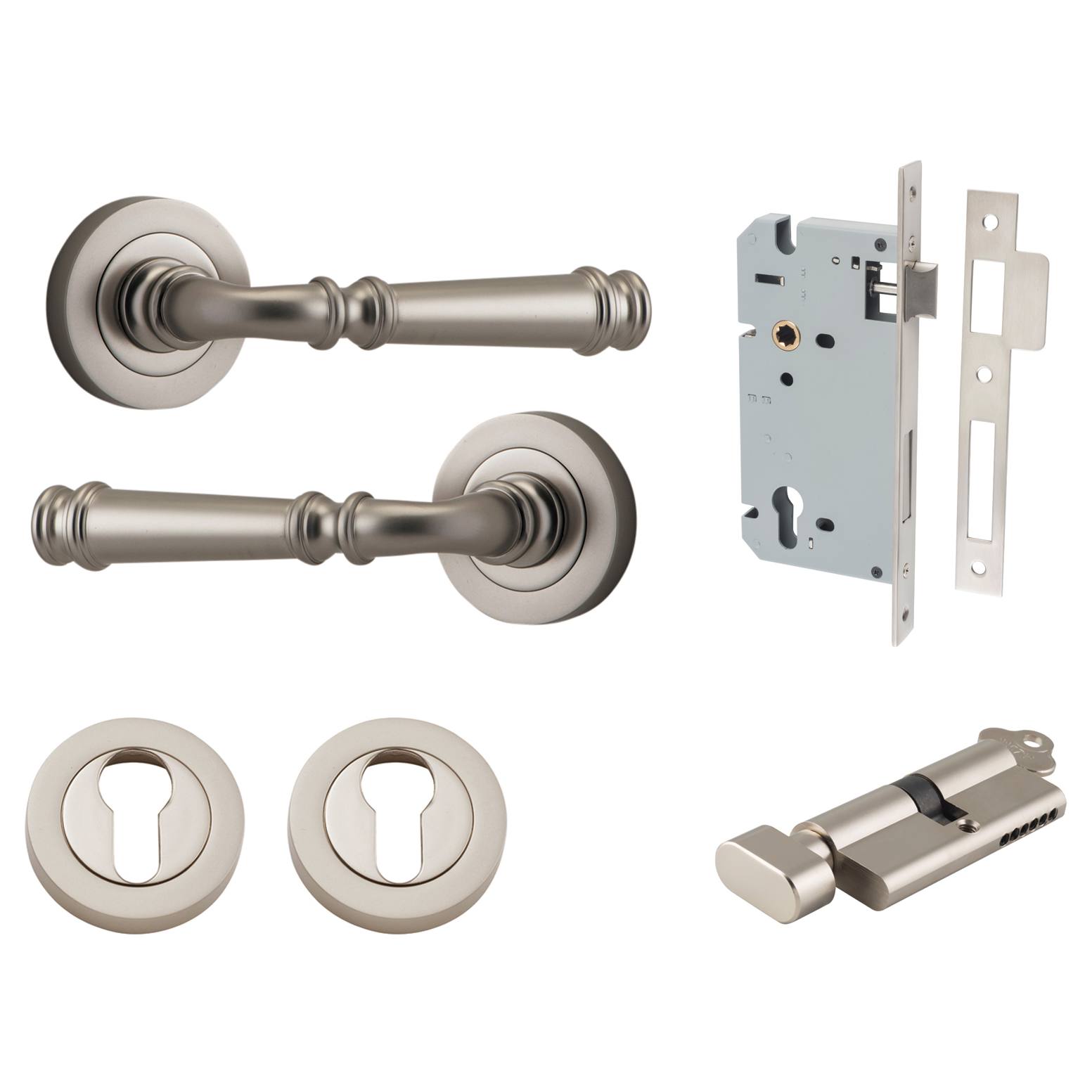 Verona Lever Round Rose Entrance Kit w Separate High Security Lock Satin Nickel