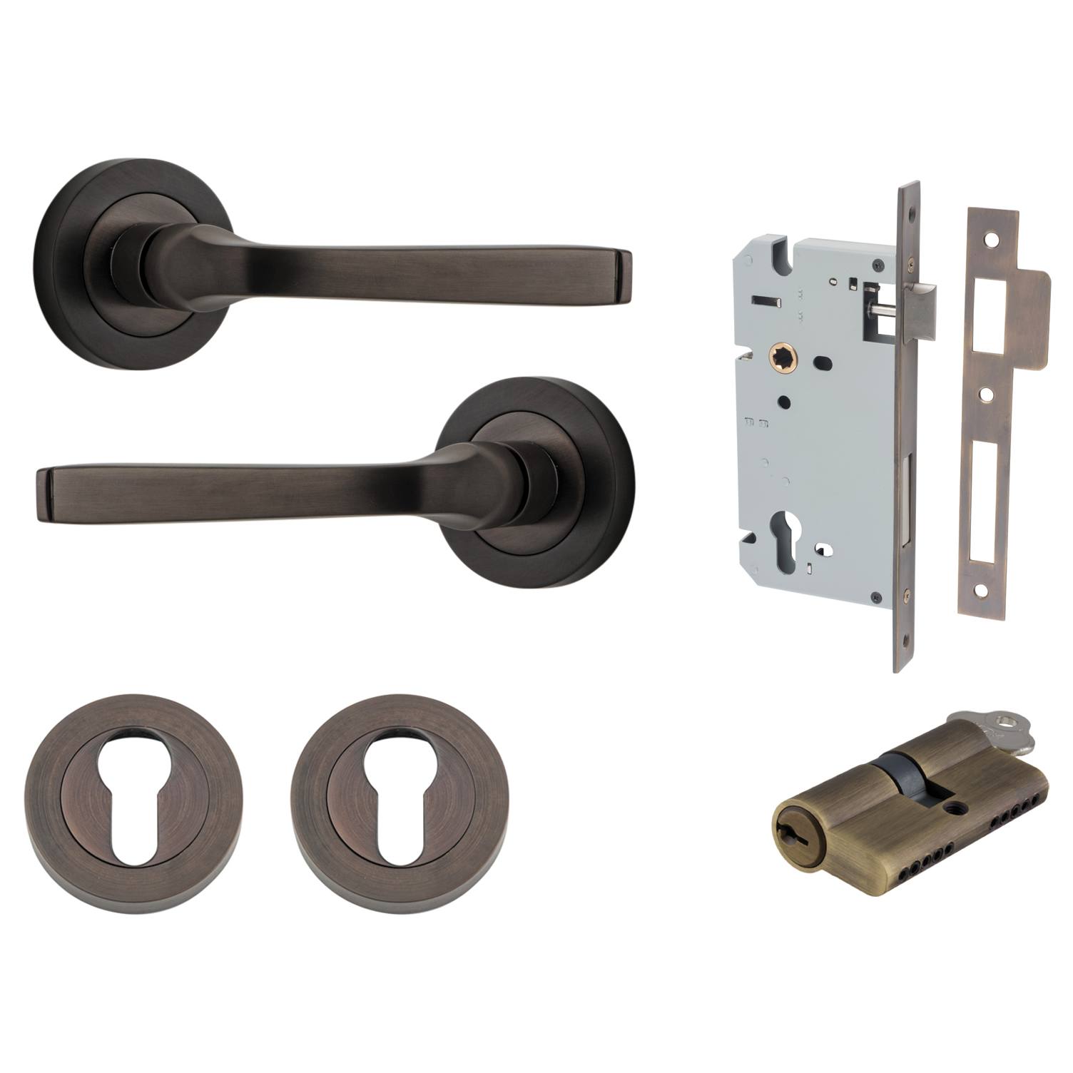 Annecy Lever Round Rose Entrance Kit w Separate High Security Lock Signature Brass