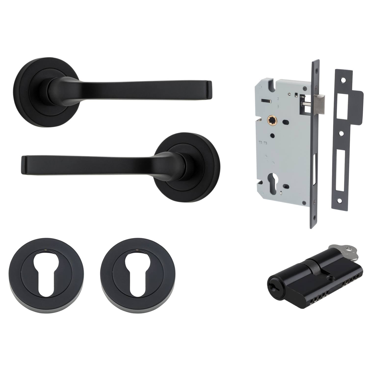 Annecy Lever Round Rose Entrance Kit w Separate High Security Lock Matt Black