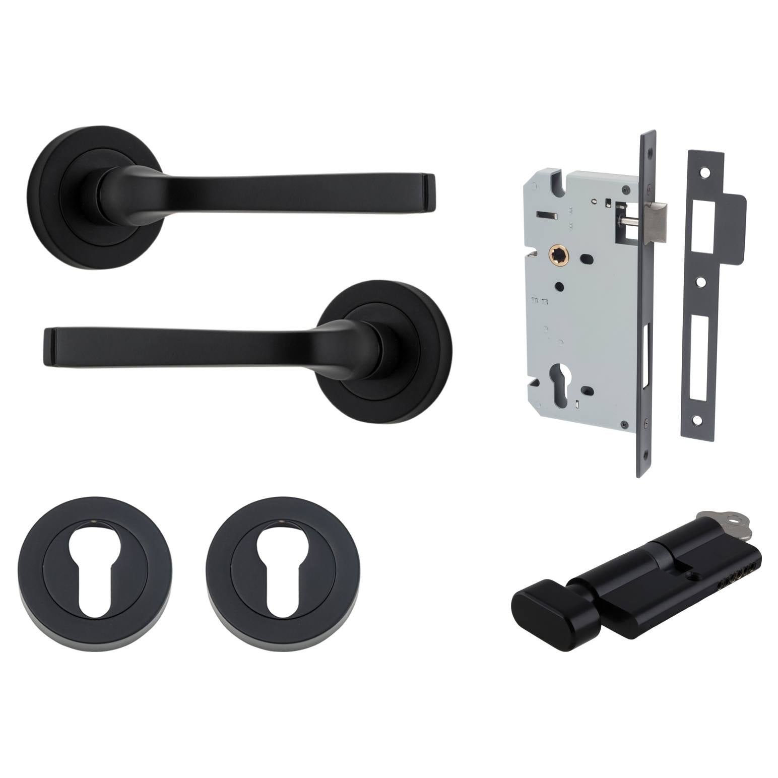 Annecy Lever Round Rose Entrance Kit w Separate High Security Lock Matt Black