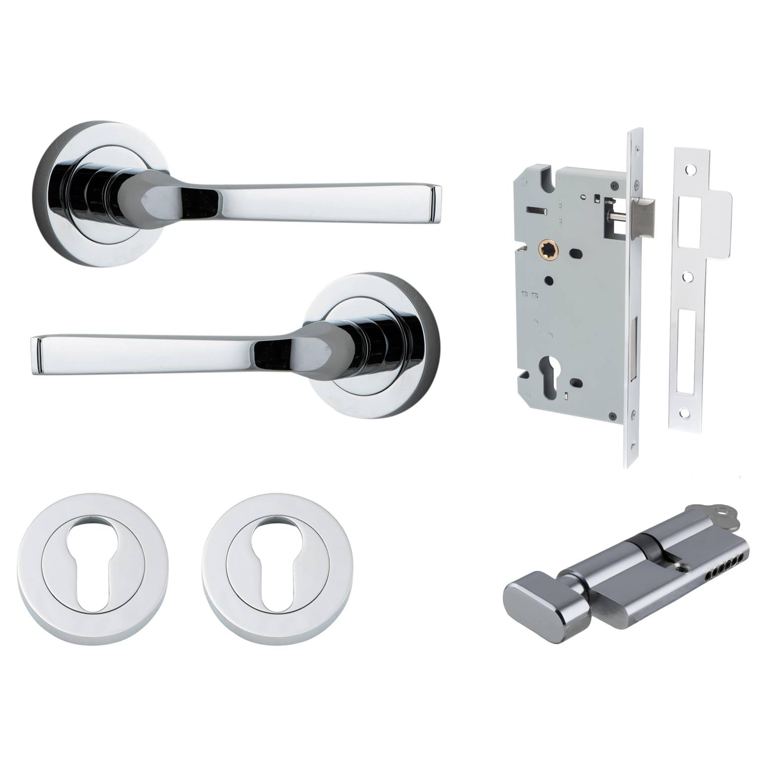 Annecy Lever Round Rose Entrance Kit w Separate High Security Lock Polished Chrome