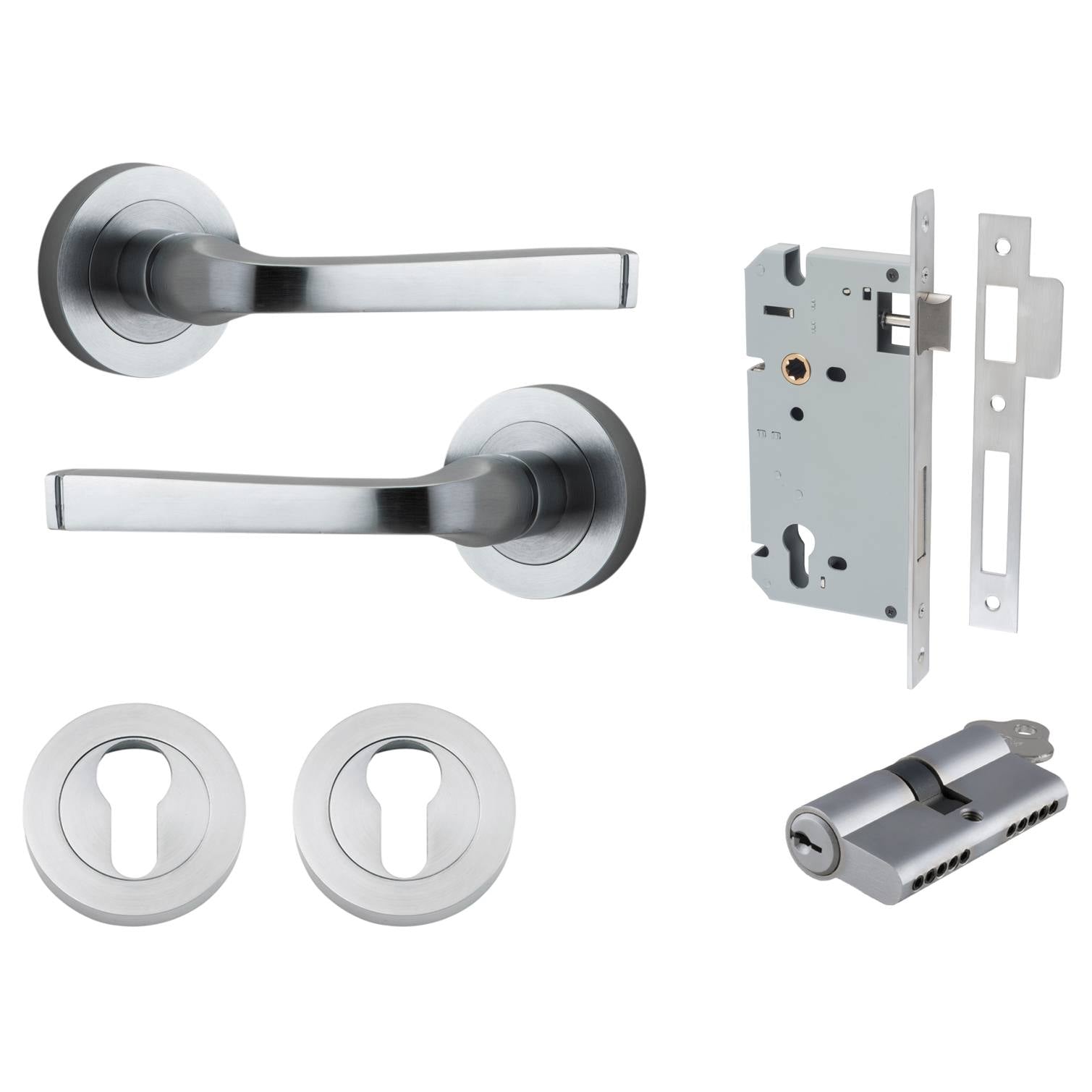 Annecy Lever Round Rose Entrance Kit w Separate High Security Lock Brushed Chrome