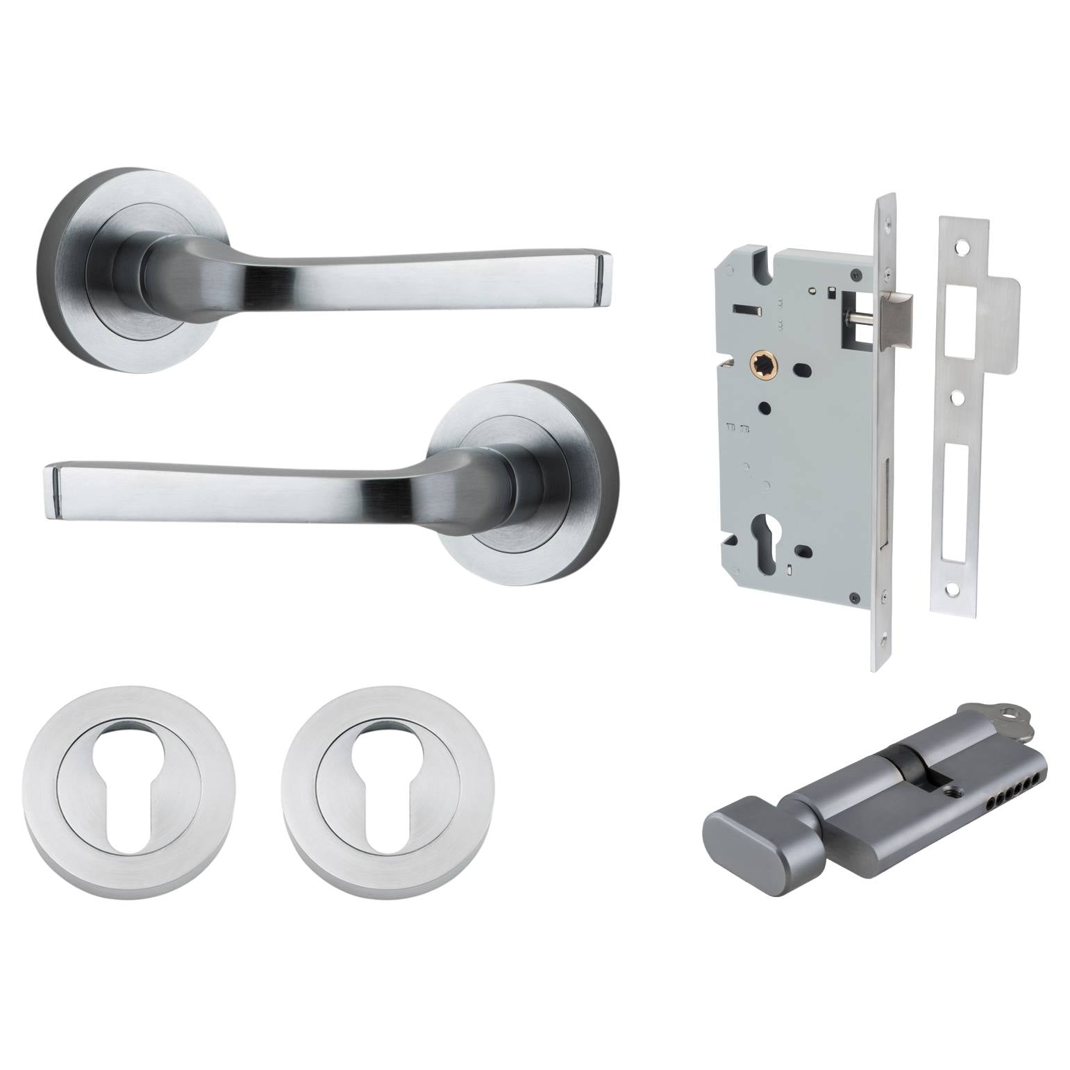 Annecy Lever Round Rose Entrance Kit w Separate High Security Lock Brushed Chrome