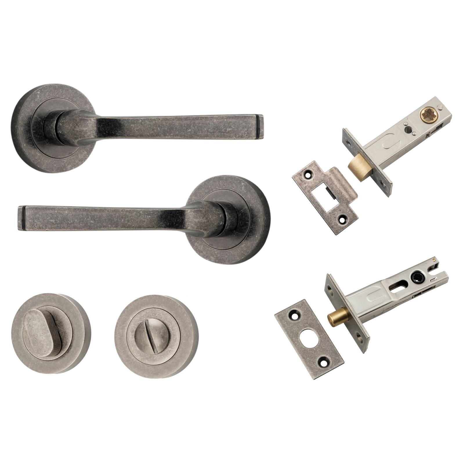Annecy Lever Round Rose Privacy Kit w Separate Privacy Turn Distressed Nickel