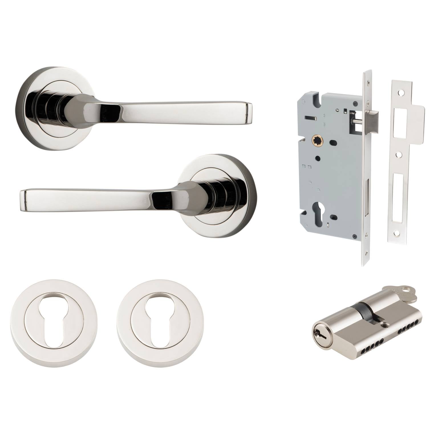 Annecy Lever Round Rose Entrance Kit w Separate High Security Lock Polished Nickel