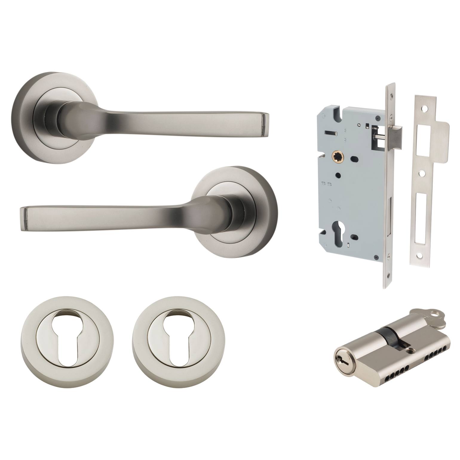 Annecy Lever Round Rose Entrance Kit w Separate High Security Lock Satin Nickel