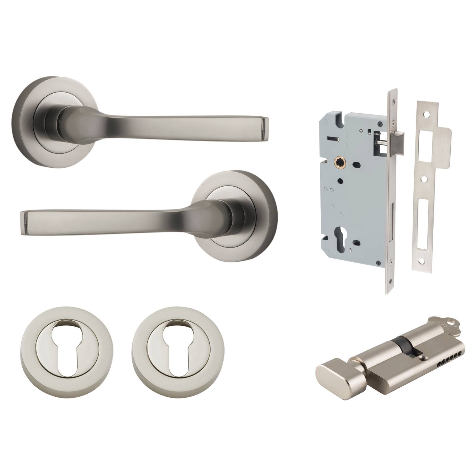 Annecy Lever Round Rose Entrance Kit w Separate High Security Lock Satin Nickel