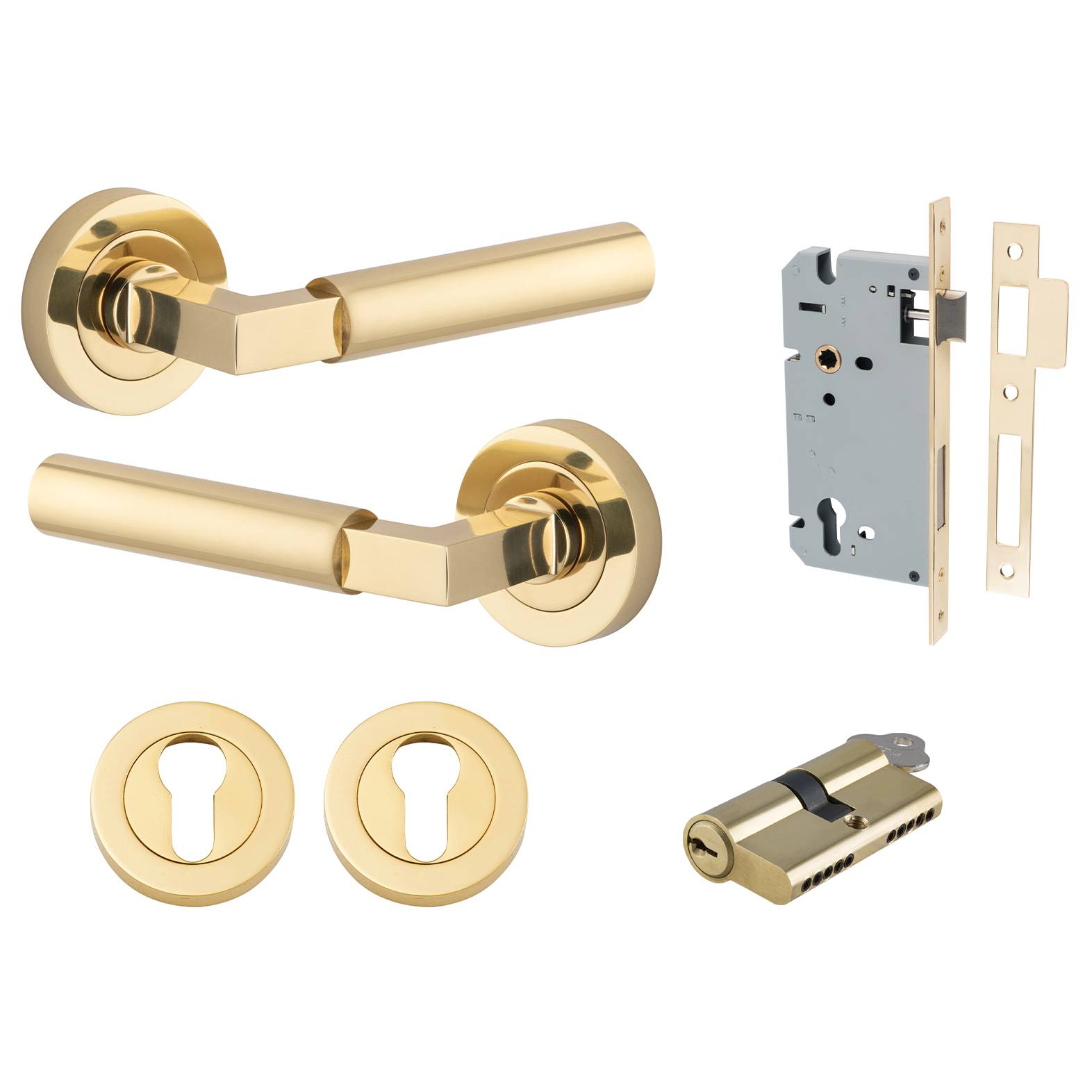 Berlin Lever Round Rose Entrance Kit w High Security Lock Polished Brass
