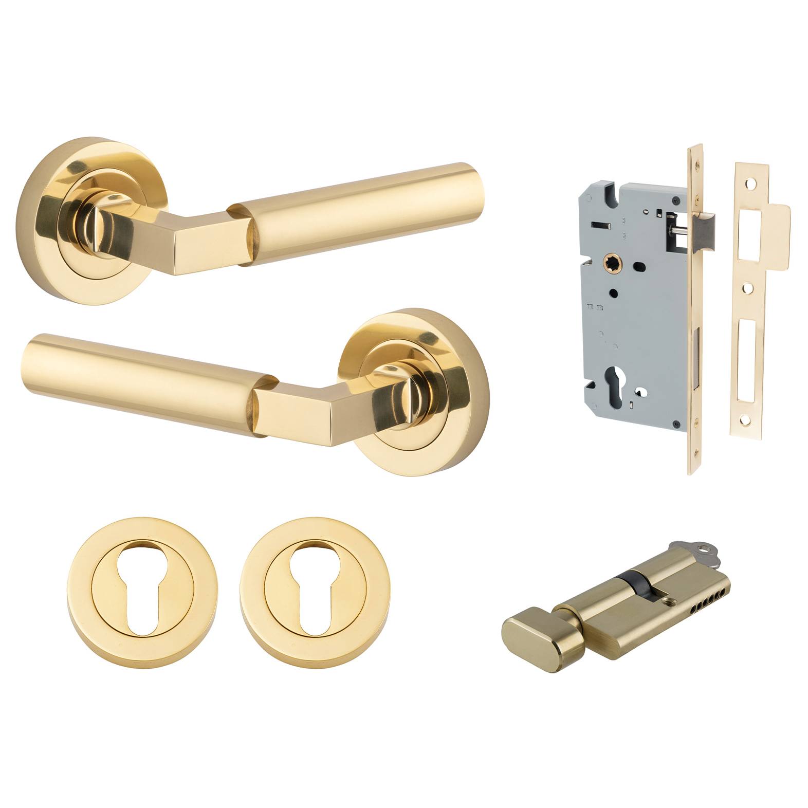 Berlin Lever Round Rose Entrance Kit w High Security Lock Polished Brass