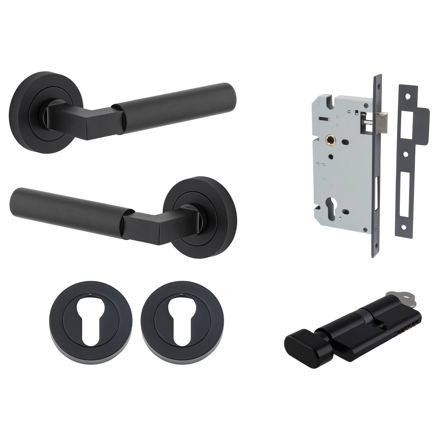 Berlin Lever Round Rose Entrance Kit w High Security Lock Matt Black