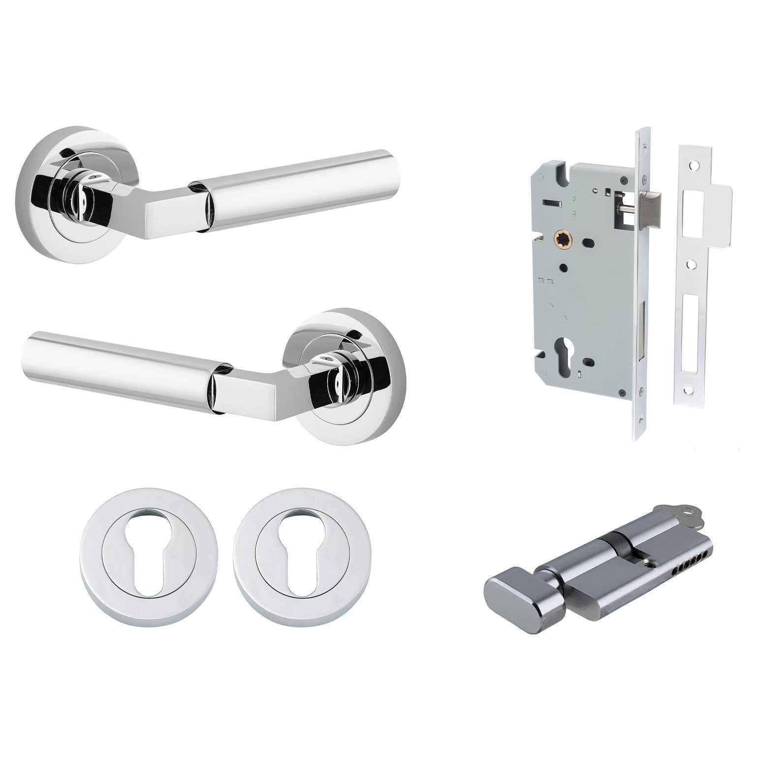 Berlin Lever Round Rose Entrance Kit w High Security Lock Polished Chrome