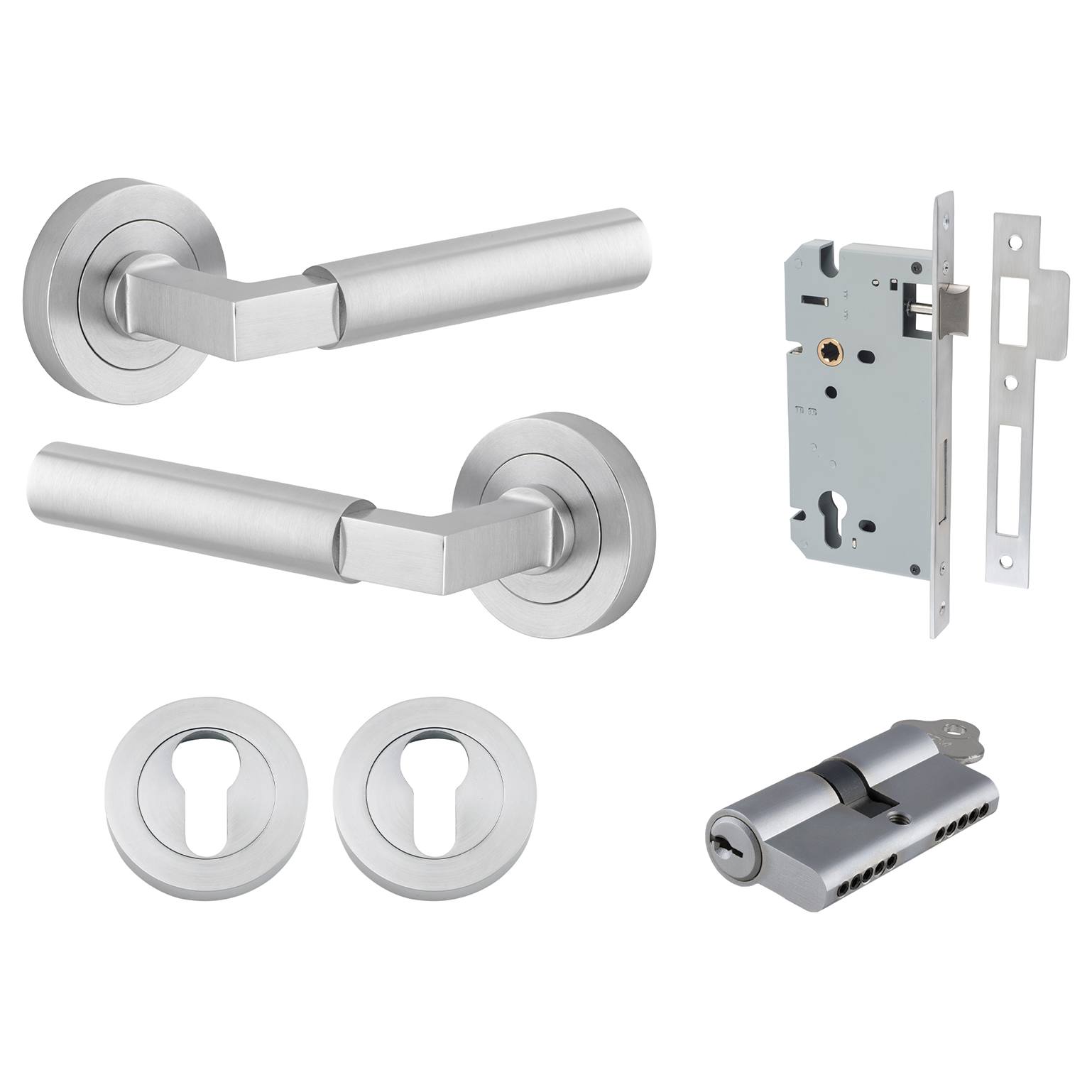 Berlin Lever Round Rose Entrance Kit w High Security Lock Brushed Chrome